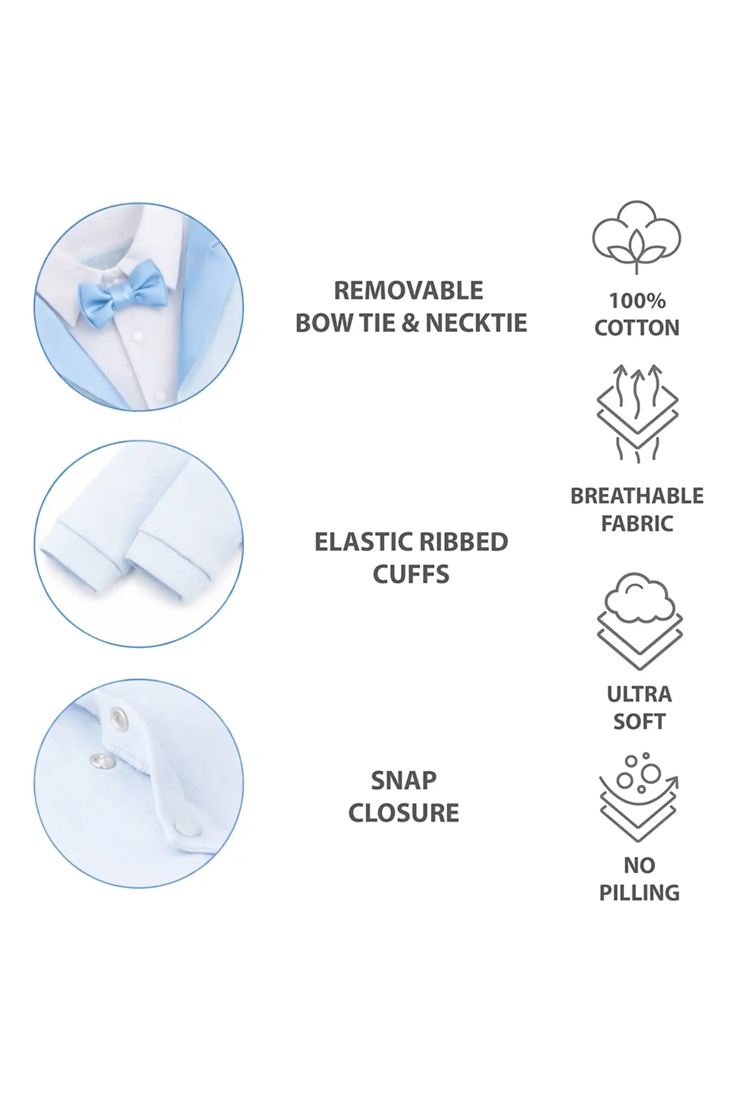 Baby Boy Tuxedo Romper Suit | Bow Tie & Necktie | 100% Cotton Footed Coverall