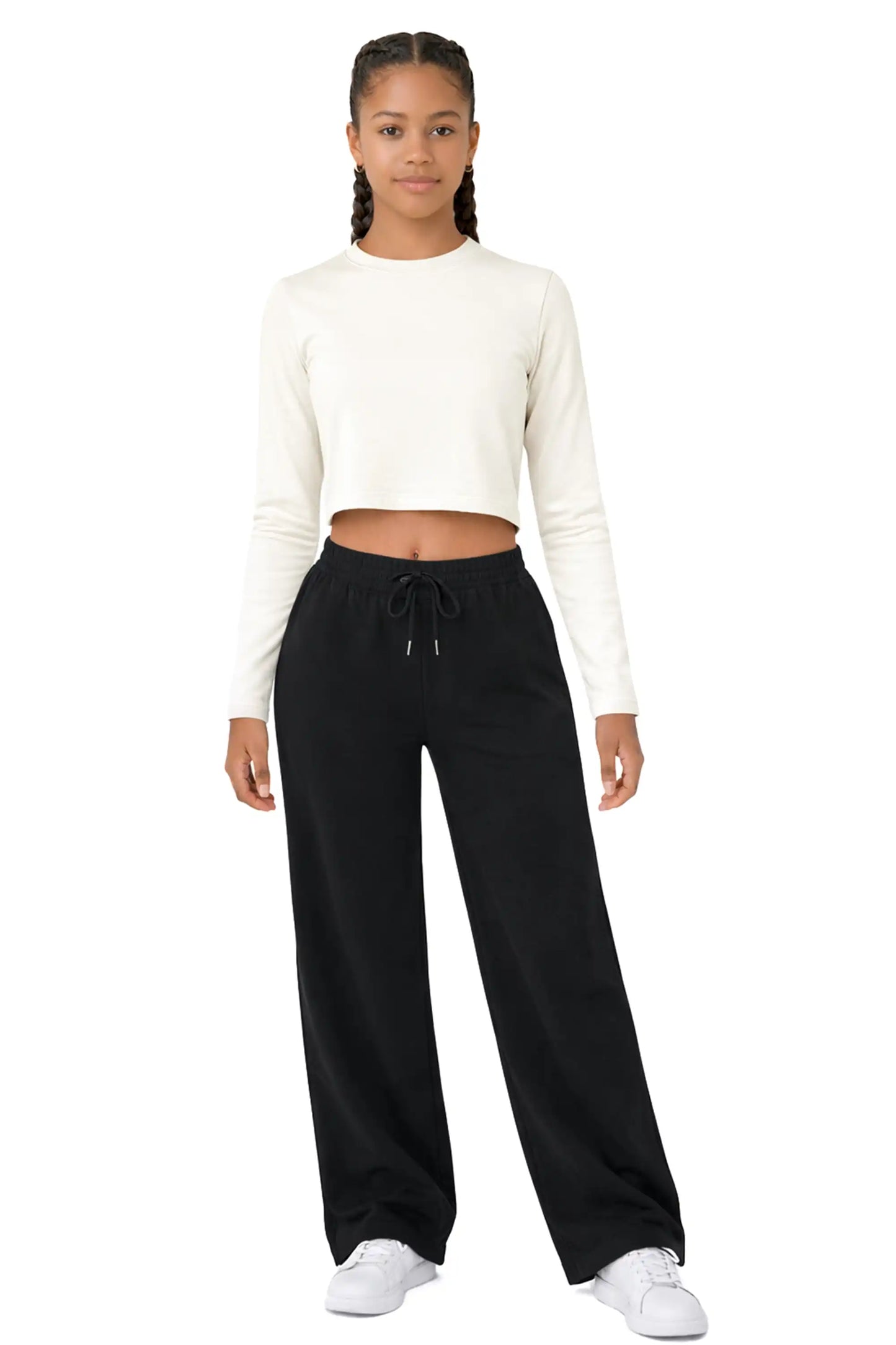 Girls' Long Sleeve Crop Top – Soft Cotton, 4-Way Stretch, Breathable Everyday Tee