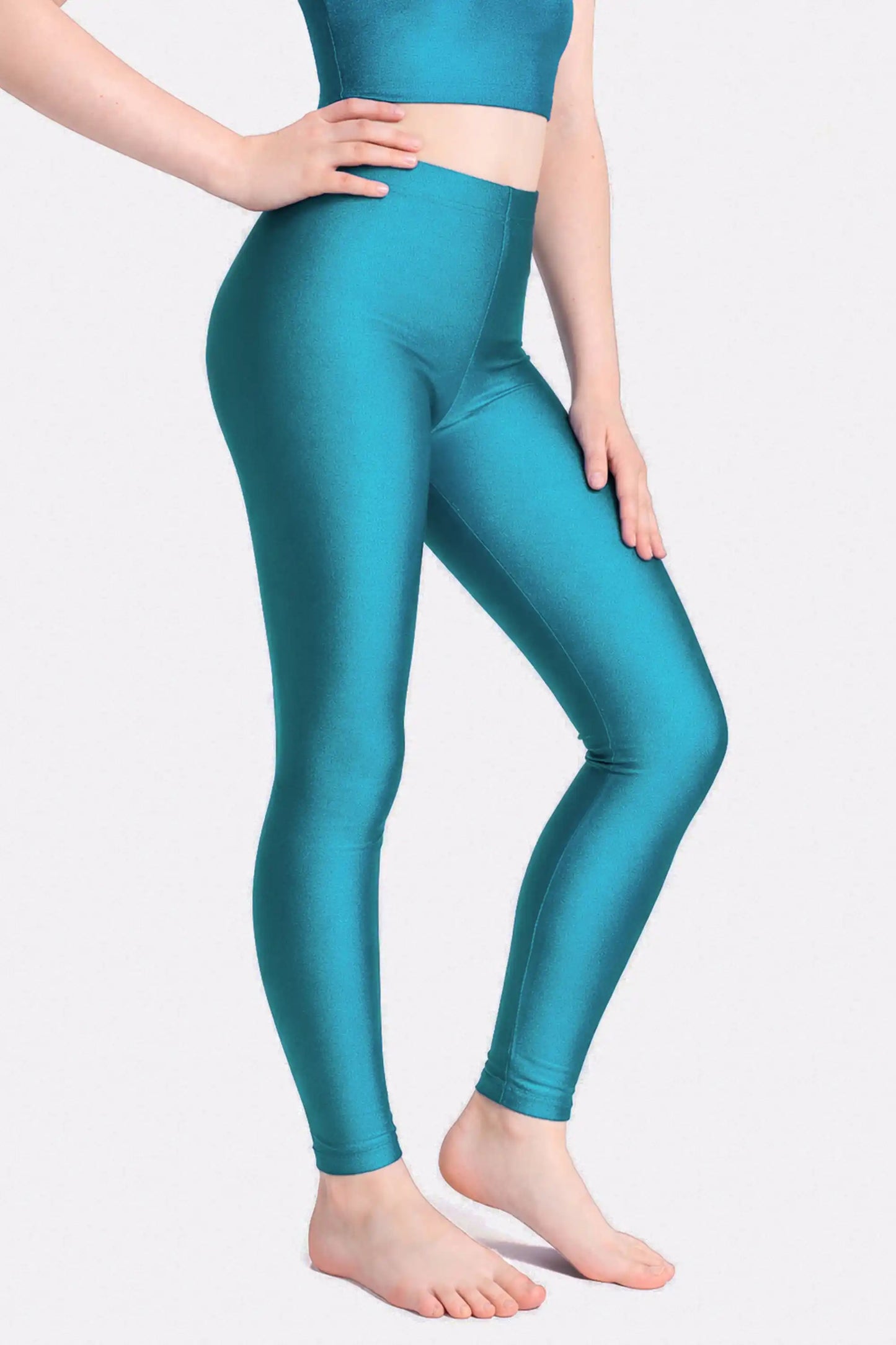 Girls Shiny High Waisted Leggings – Dance & Gymnastics Stretch Tights
