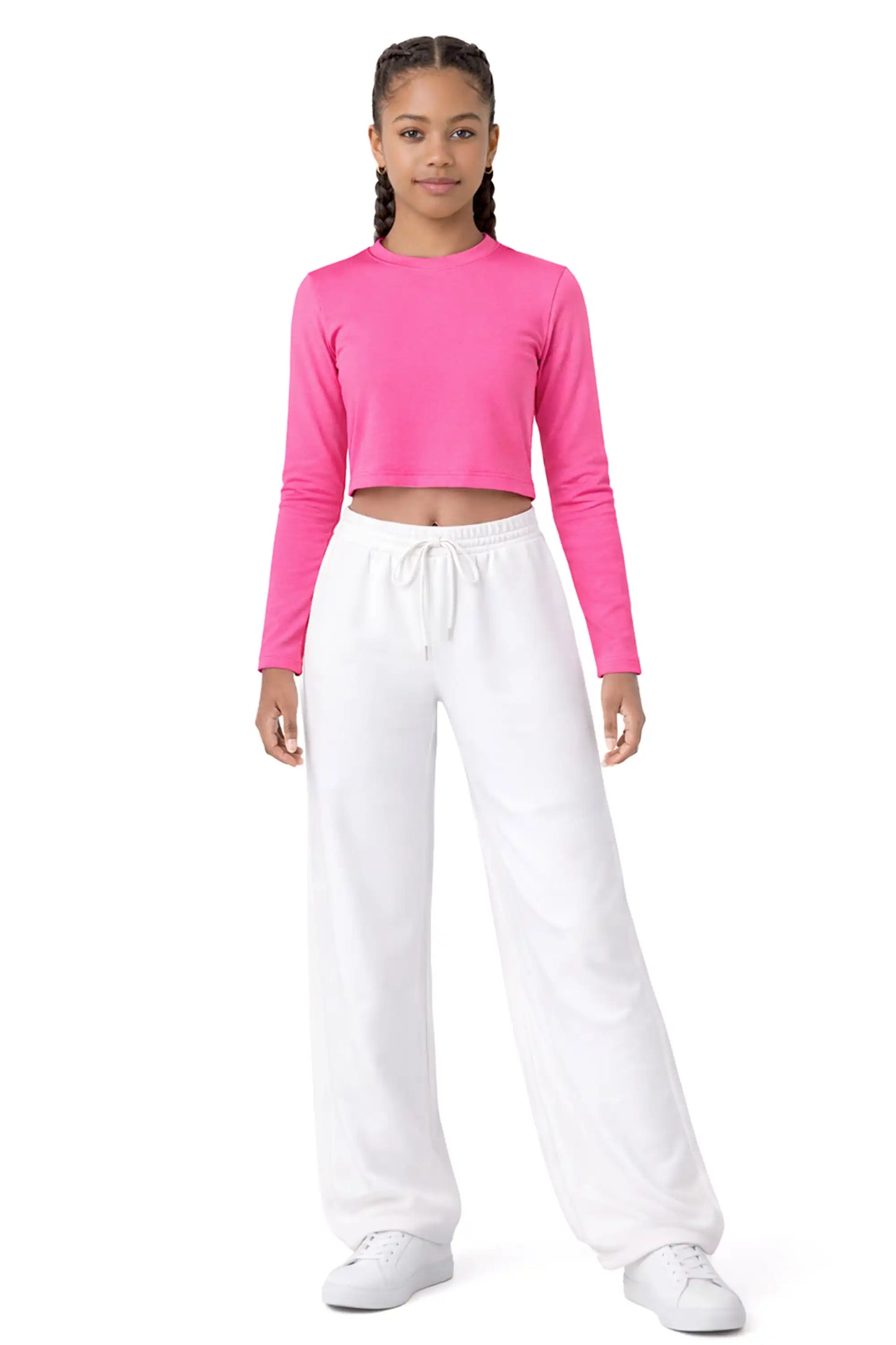 Girls' Long Sleeve Crop Top – Soft Cotton, 4-Way Stretch, Breathable Everyday Tee