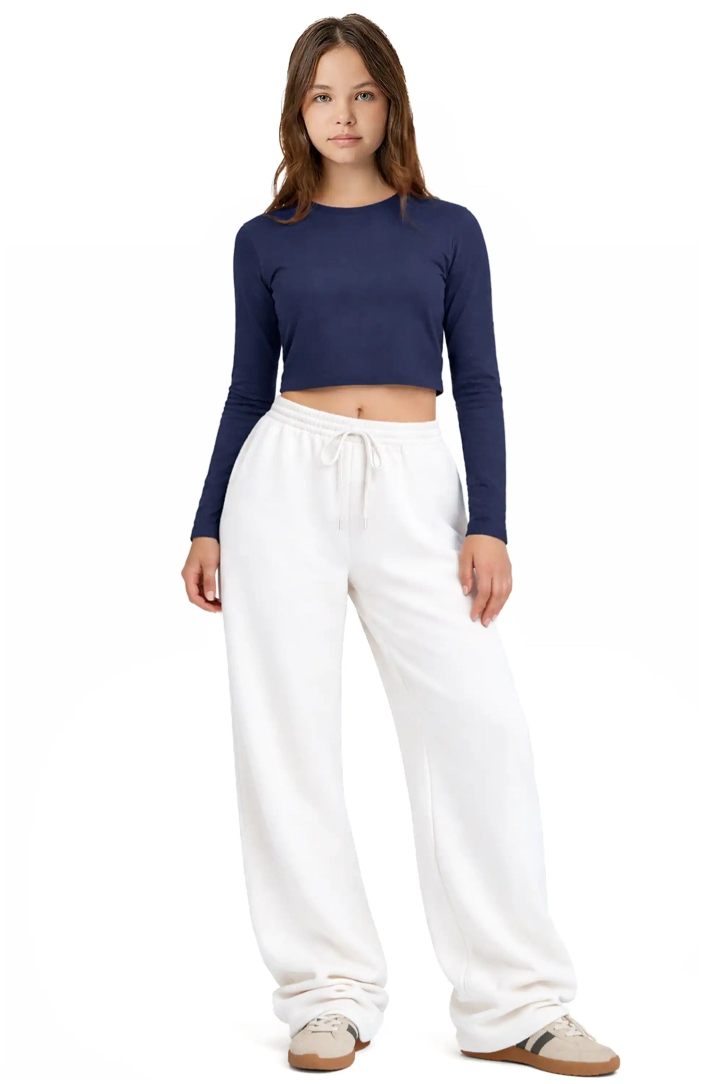 Girls' Long Sleeve Crop Top – Soft Cotton, 4-Way Stretch, Breathable Everyday Tee