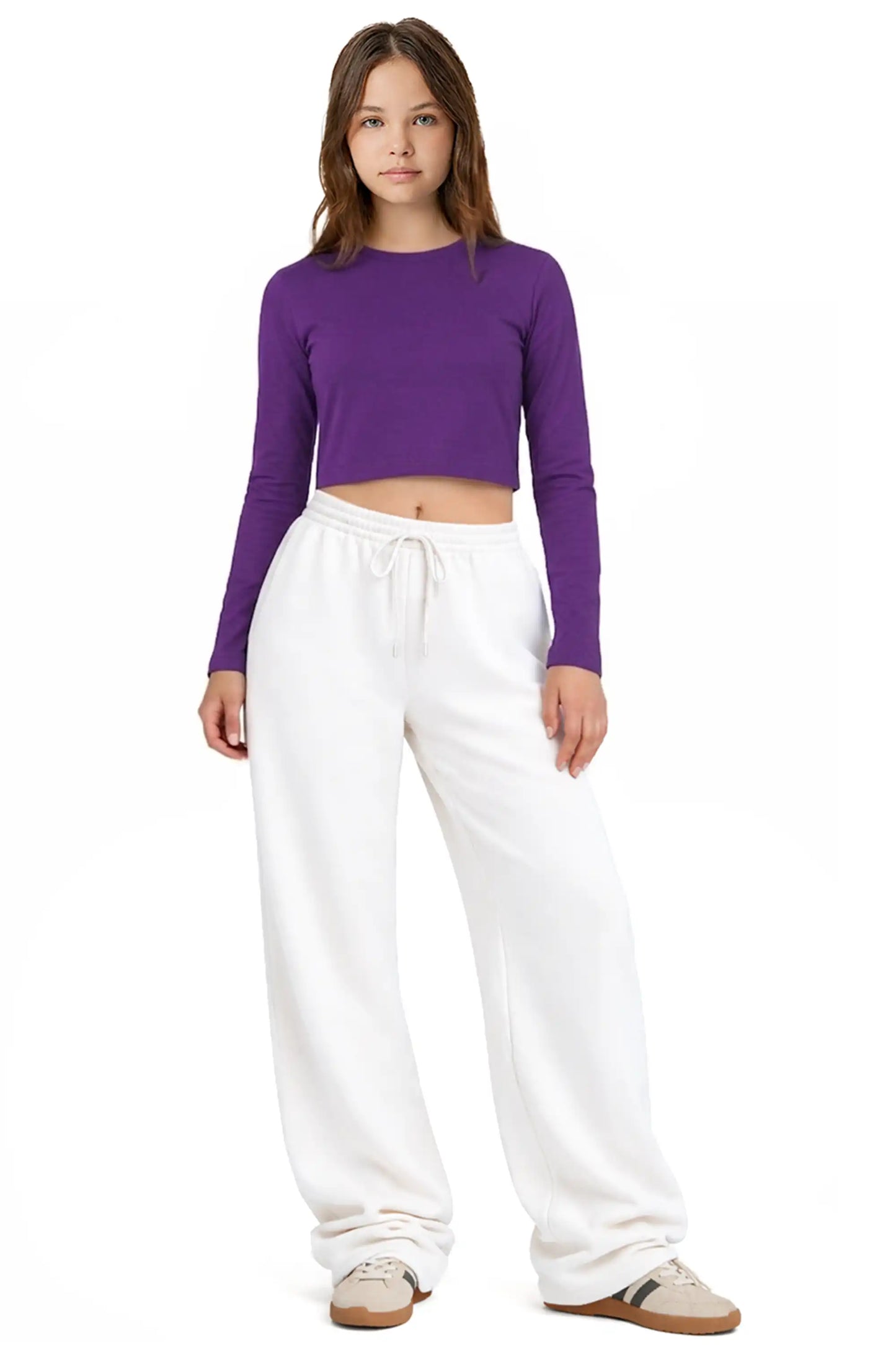 Girls' Long Sleeve Crop Top – Soft Cotton, 4-Way Stretch, Breathable Everyday Tee