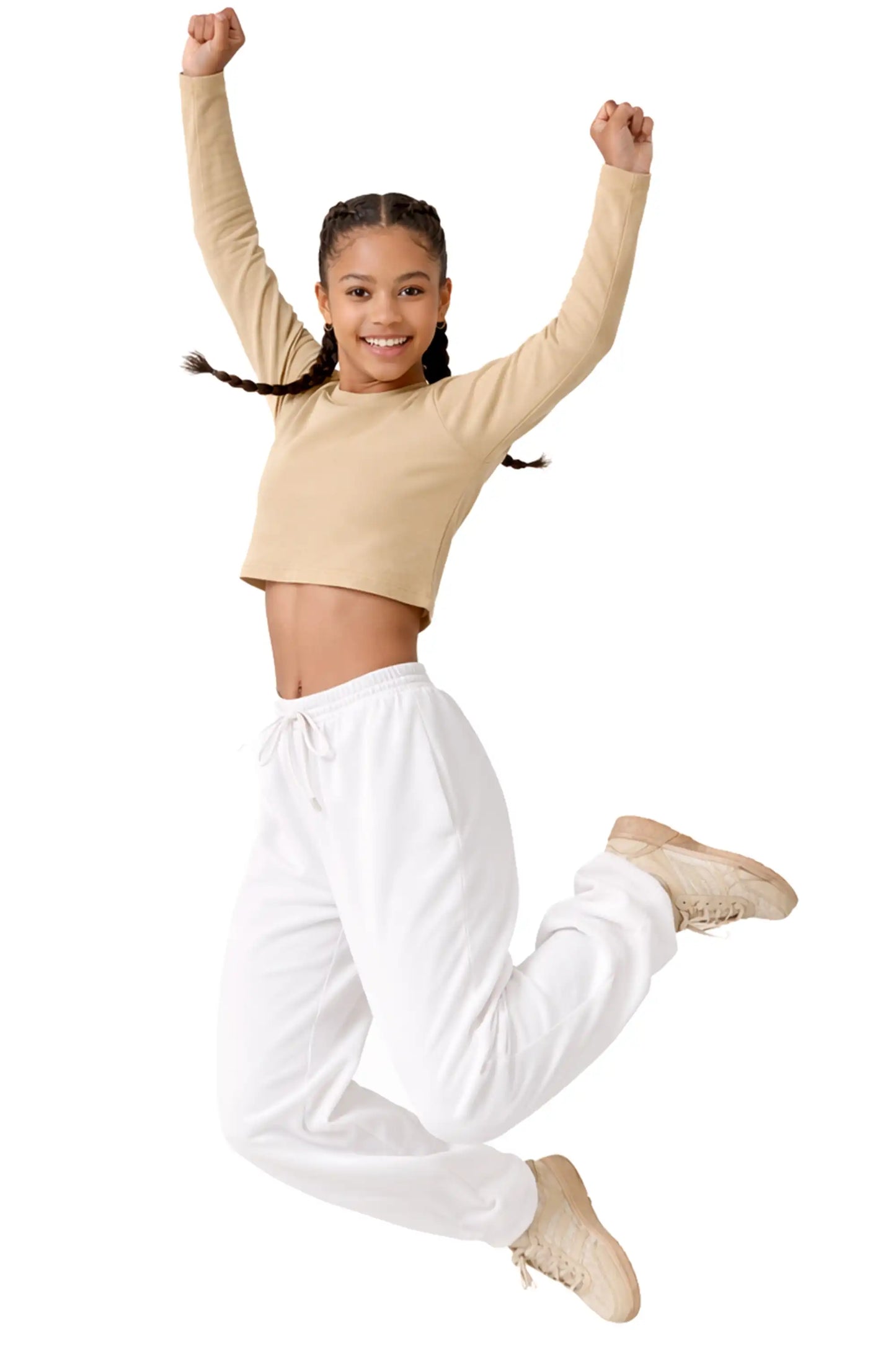 Girls' Long Sleeve Crop Top – Soft Cotton, 4-Way Stretch, Breathable Everyday Tee