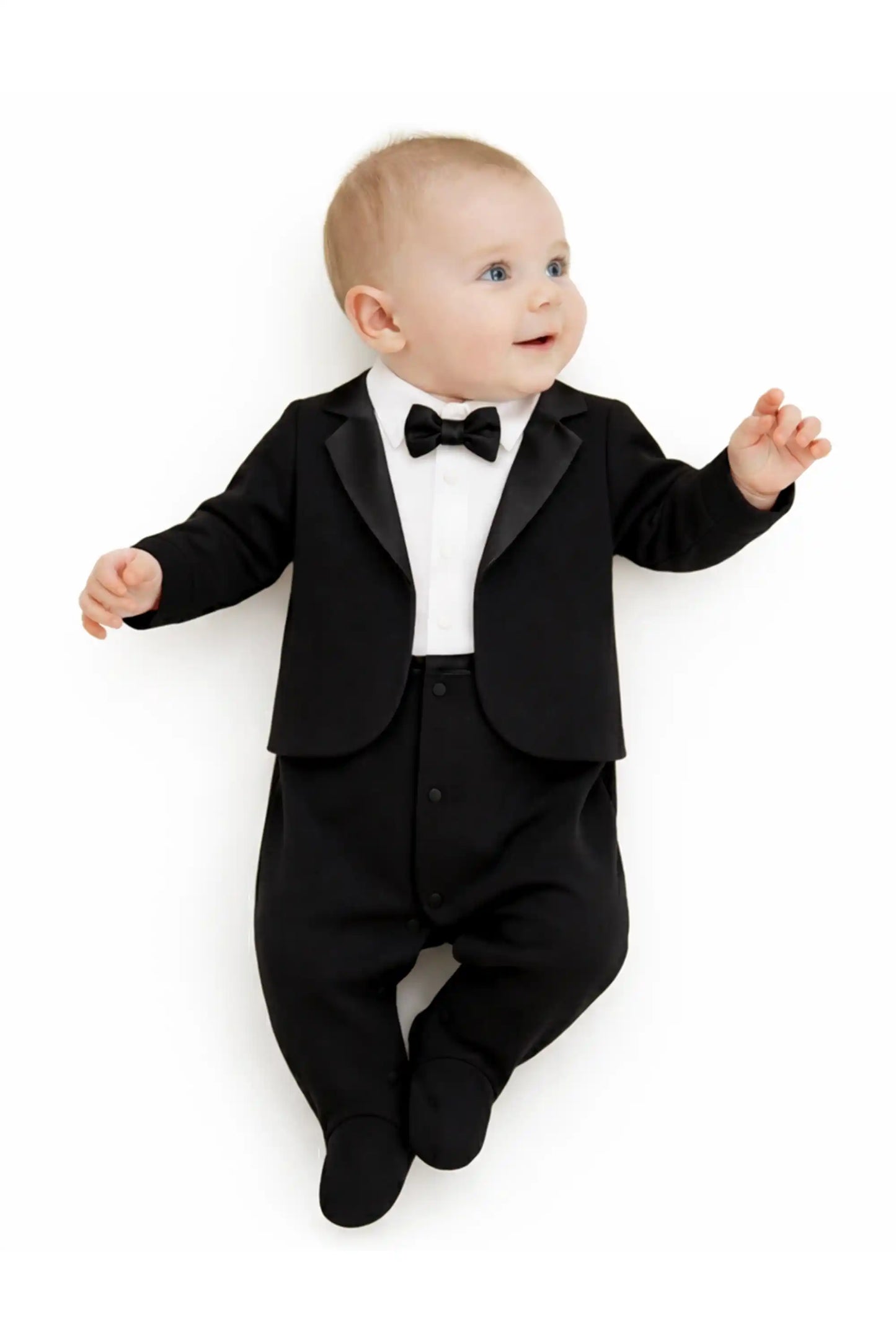 Baby Boy Tuxedo Romper Suit | Bow Tie & Necktie | 100% Cotton Footed Coverall