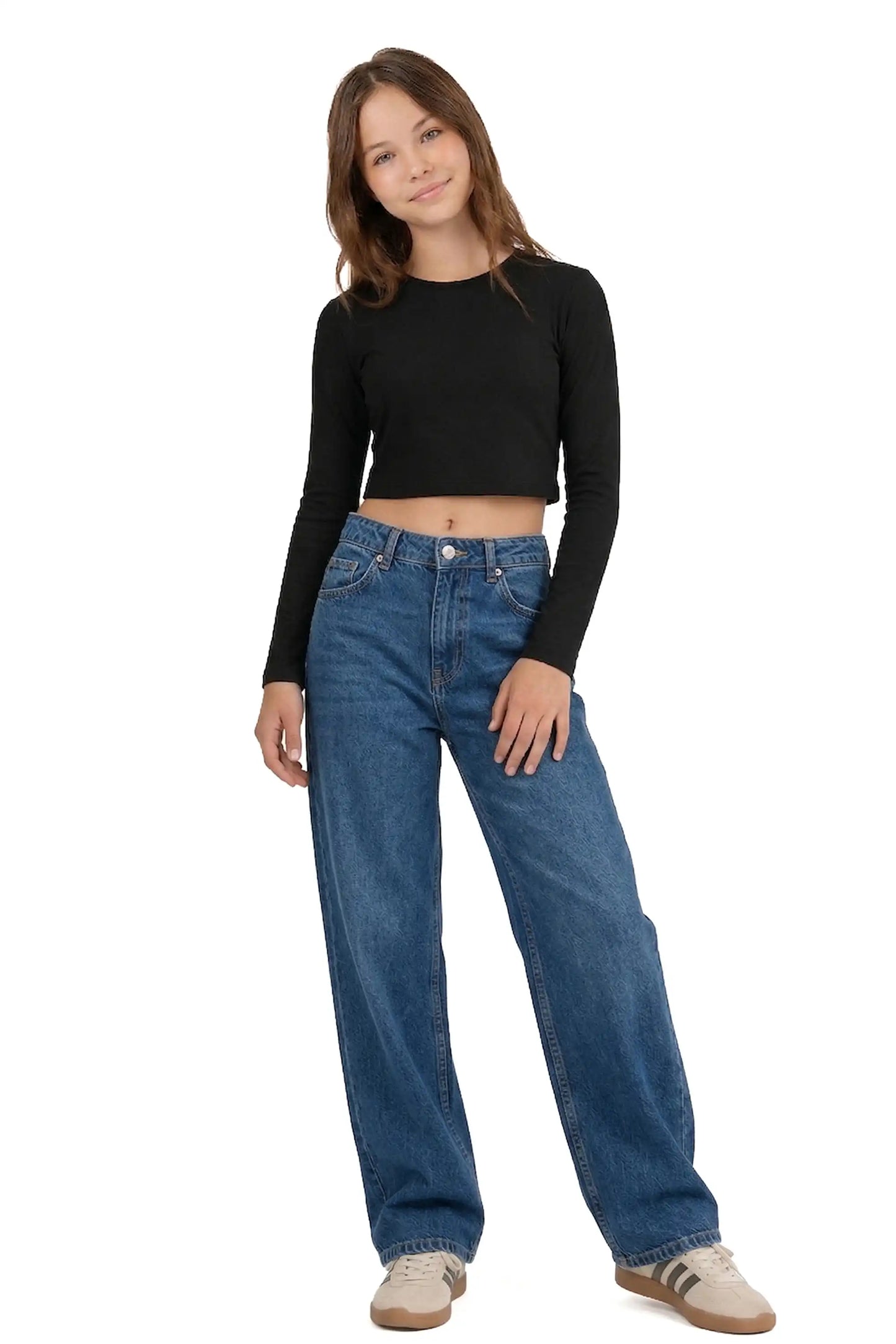 Girls' Long Sleeve Crop Top – Soft Cotton, 4-Way Stretch, Breathable Everyday Tee