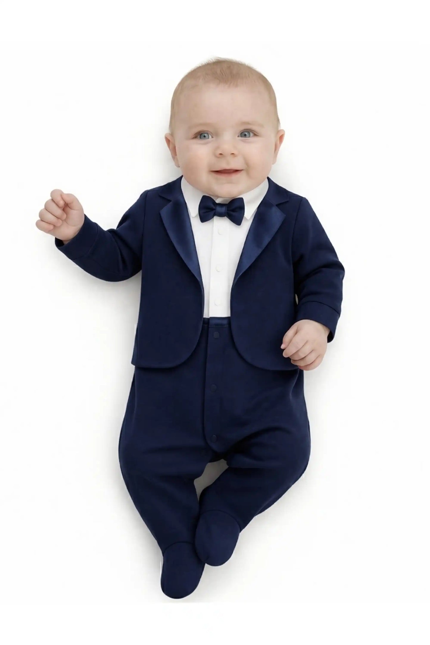 Baby Boy Tuxedo Romper Suit | Bow Tie & Necktie | 100% Cotton Footed Coverall