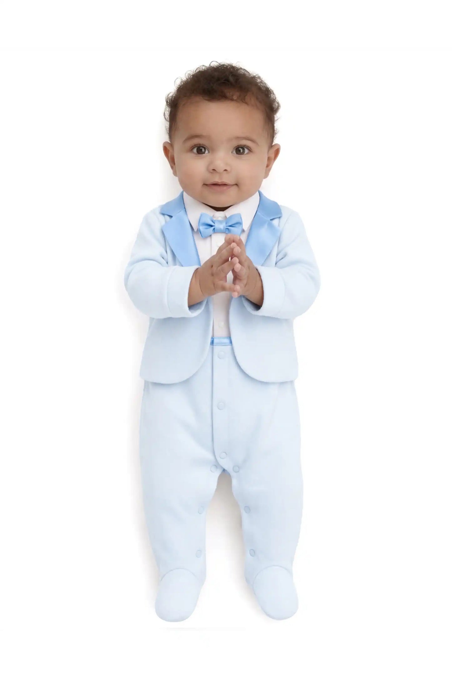Baby Boy Tuxedo Romper Suit | Bow Tie & Necktie | 100% Cotton Footed Coverall