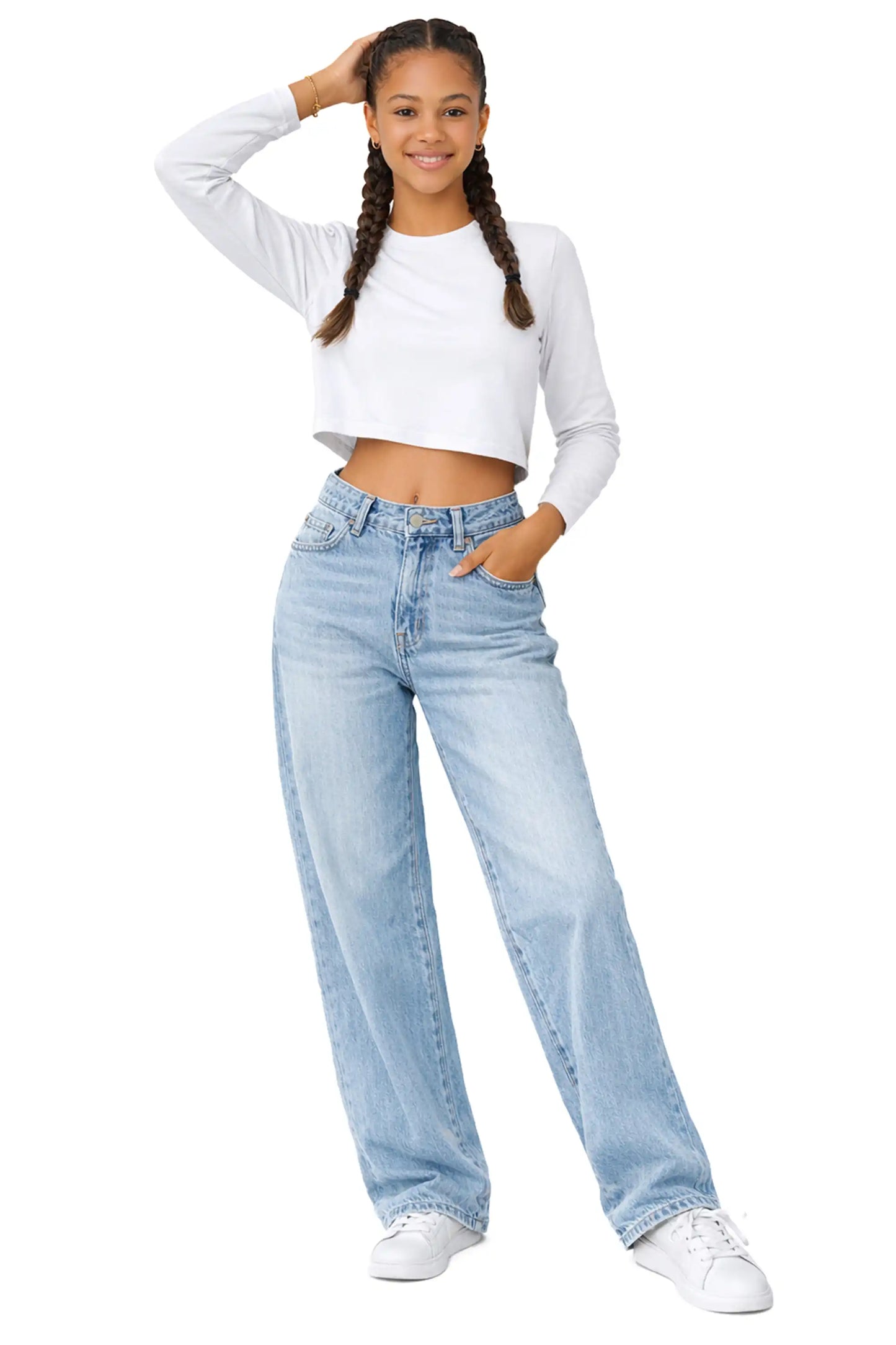 Girls' Long Sleeve Crop Top – Soft Cotton, 4-Way Stretch, Breathable Everyday Tee