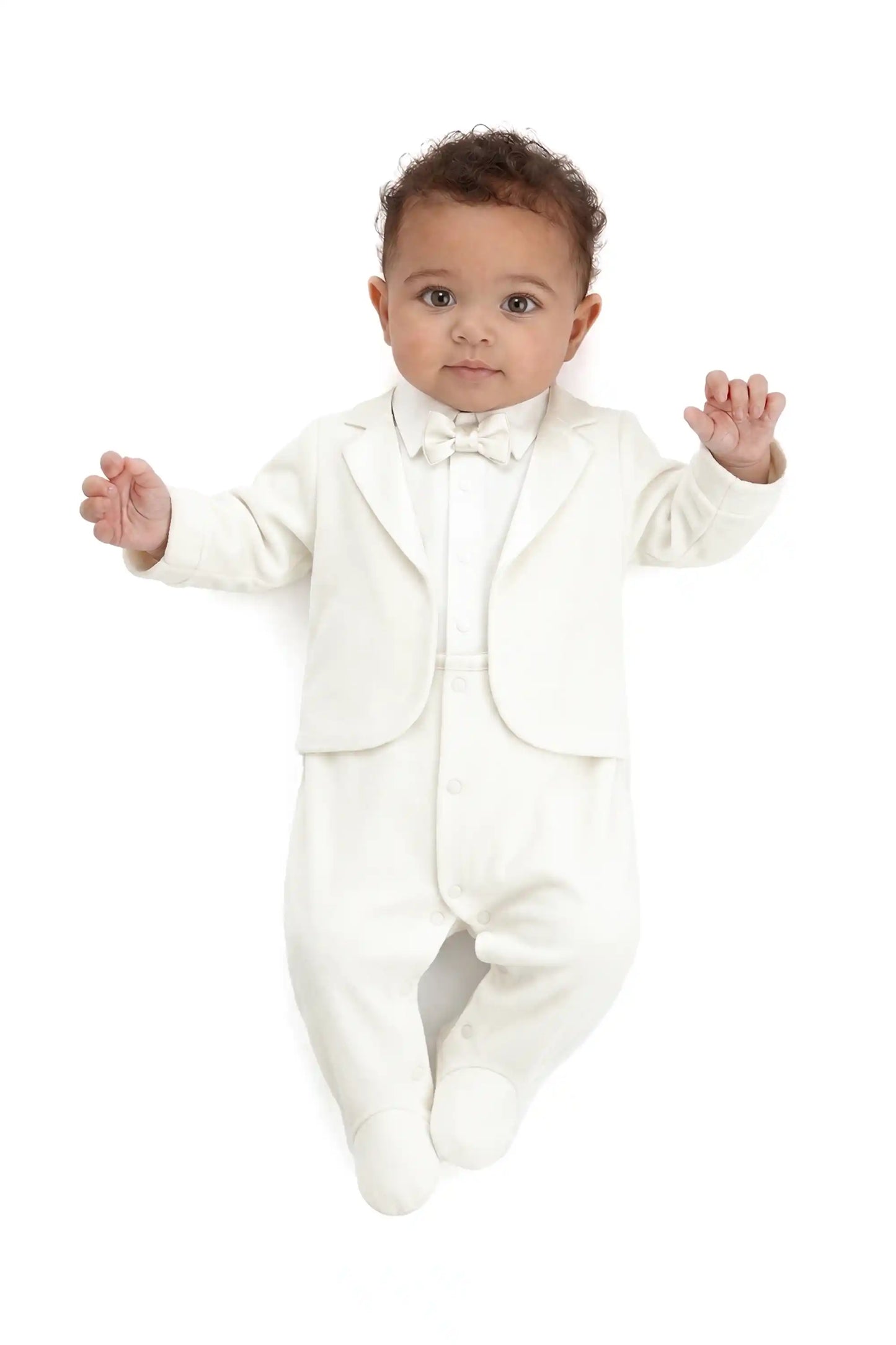 Baby Boy Tuxedo Romper Suit | Bow Tie & Necktie | 100% Cotton Footed Coverall