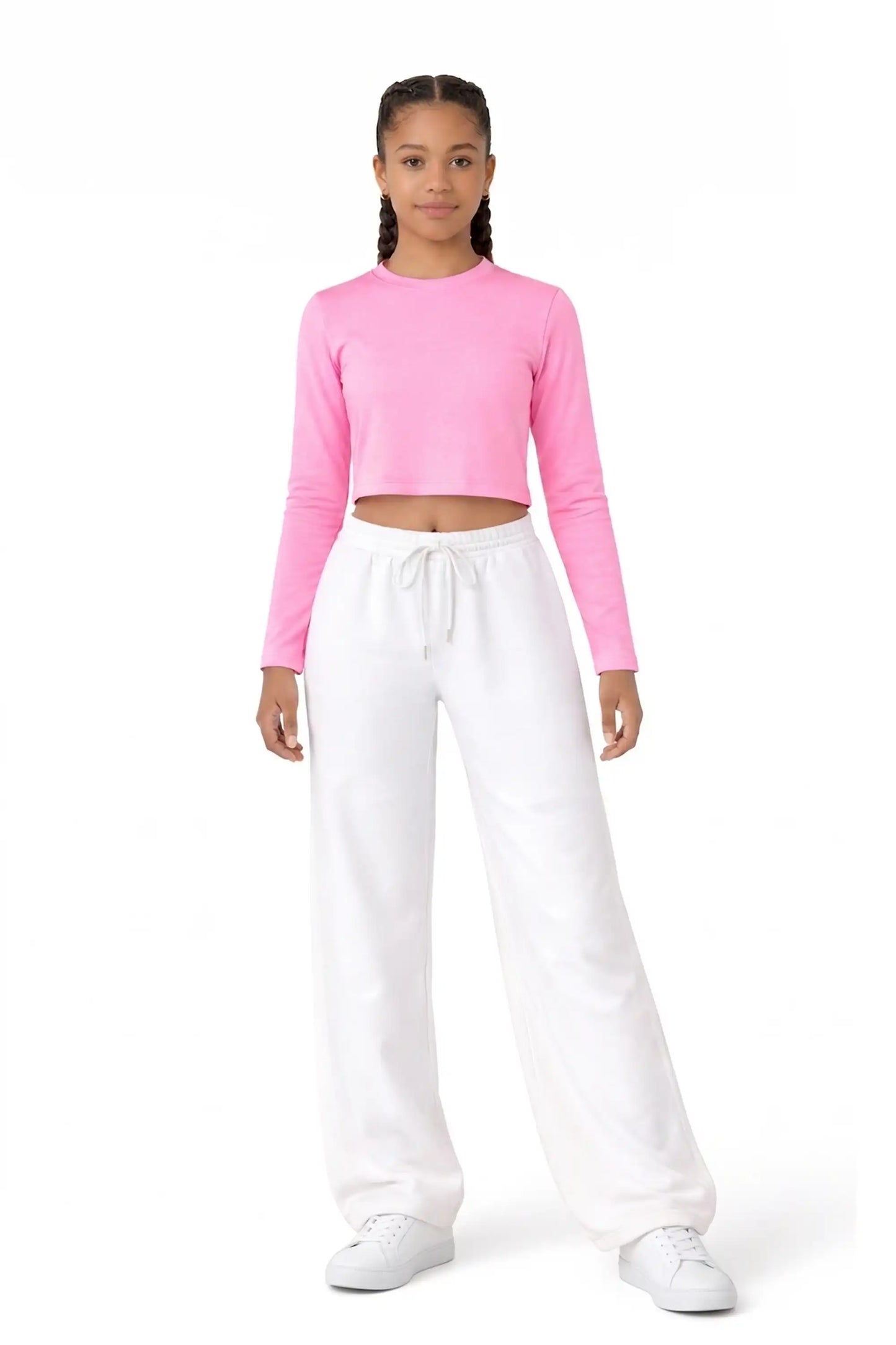Girls' Long Sleeve Crop Top – Soft Cotton, 4-Way Stretch, Breathable Everyday Tee