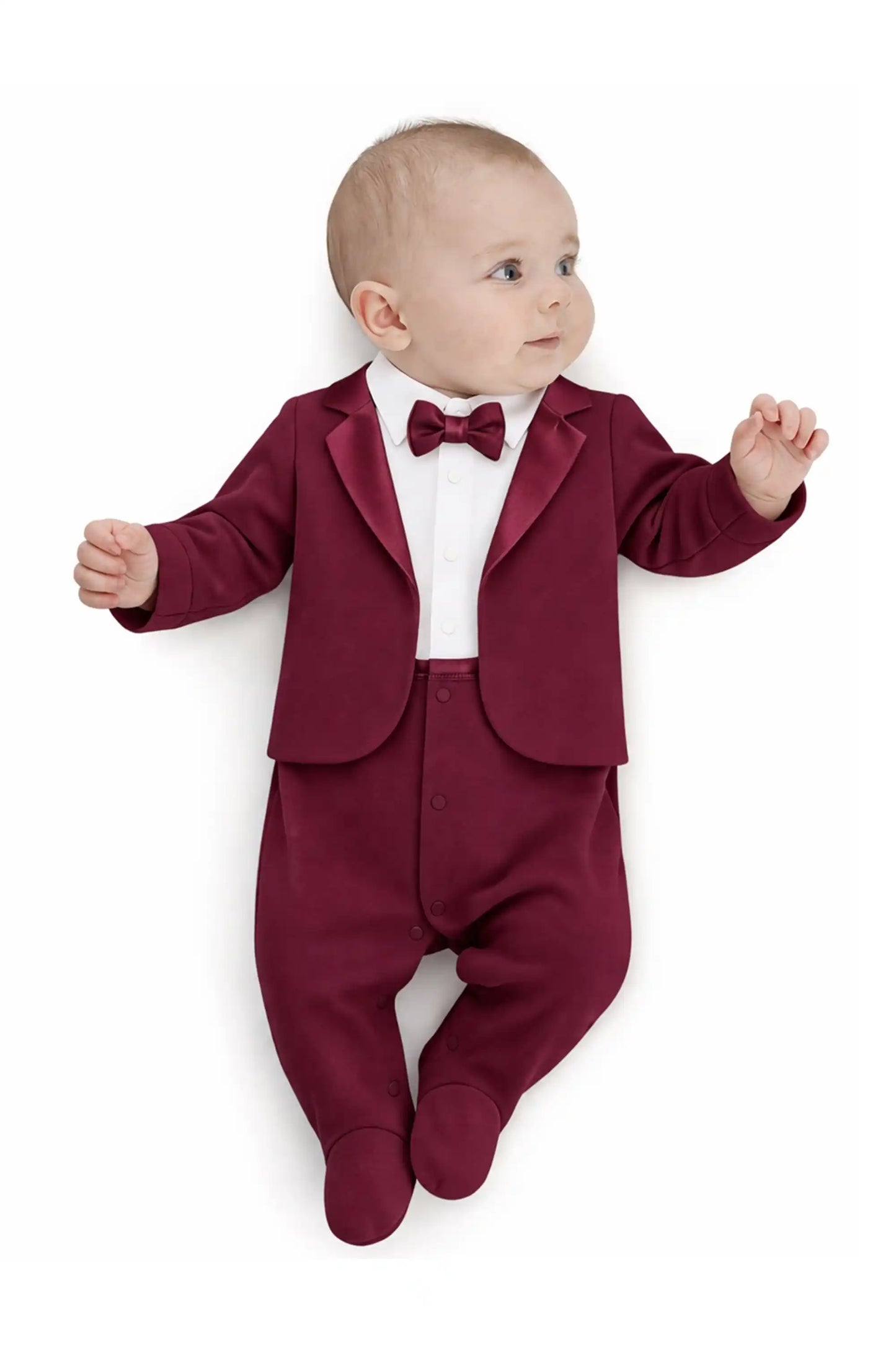 Baby Boy Tuxedo Romper Suit | Bow Tie & Necktie | 100% Cotton Footed Coverall
