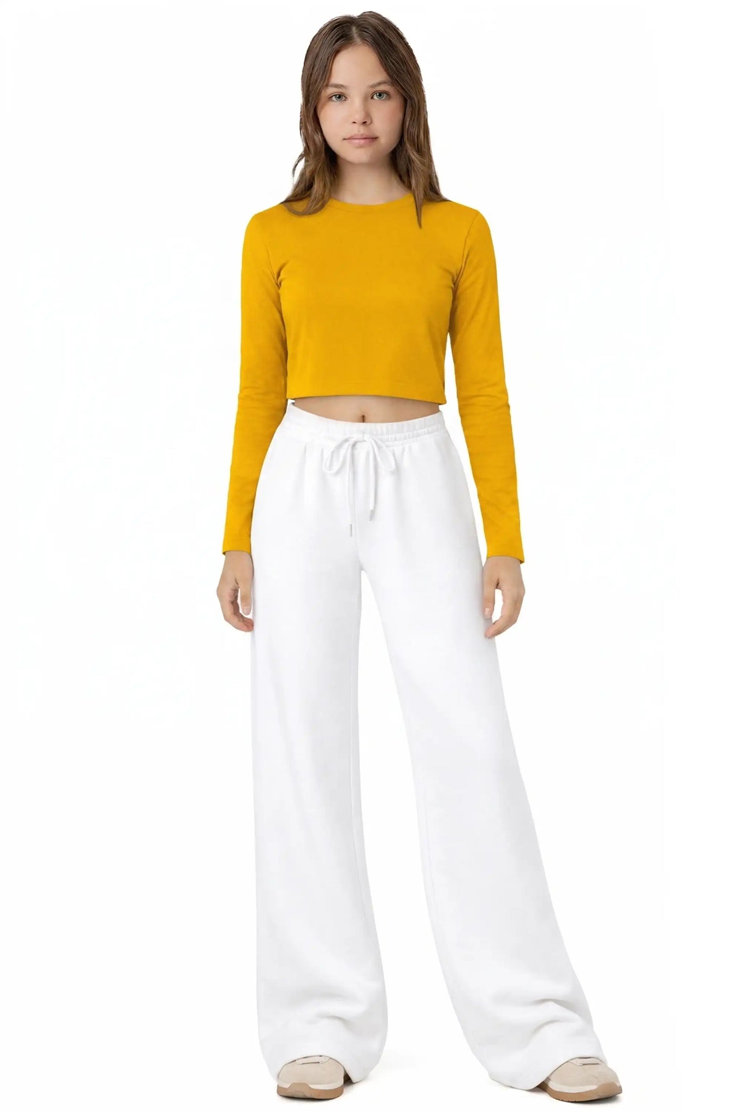Girls' Long Sleeve Crop Top – Soft Cotton, 4-Way Stretch, Breathable Everyday Tee