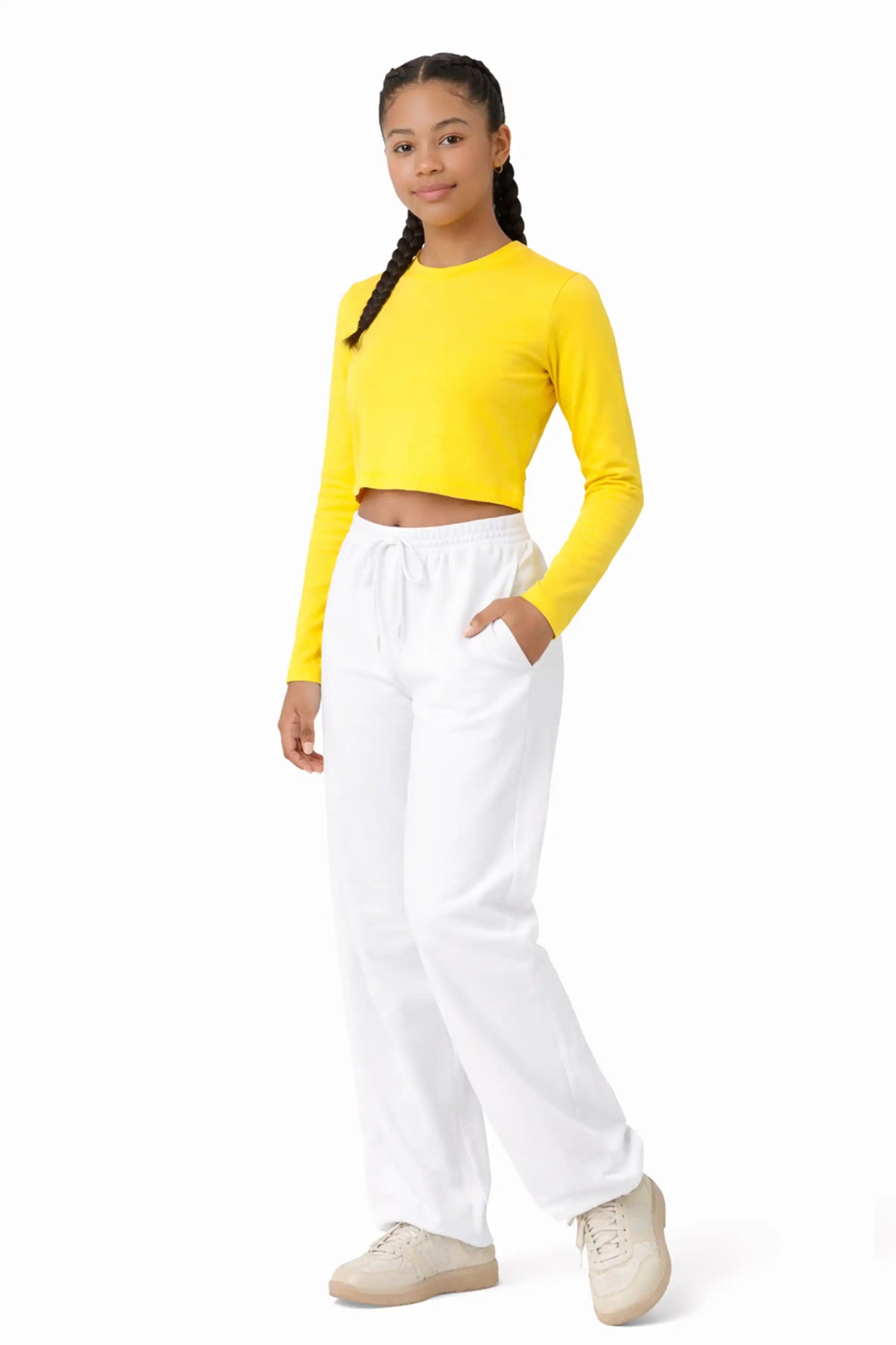 Girls' Long Sleeve Crop Top – Soft Cotton, 4-Way Stretch, Breathable Everyday Tee