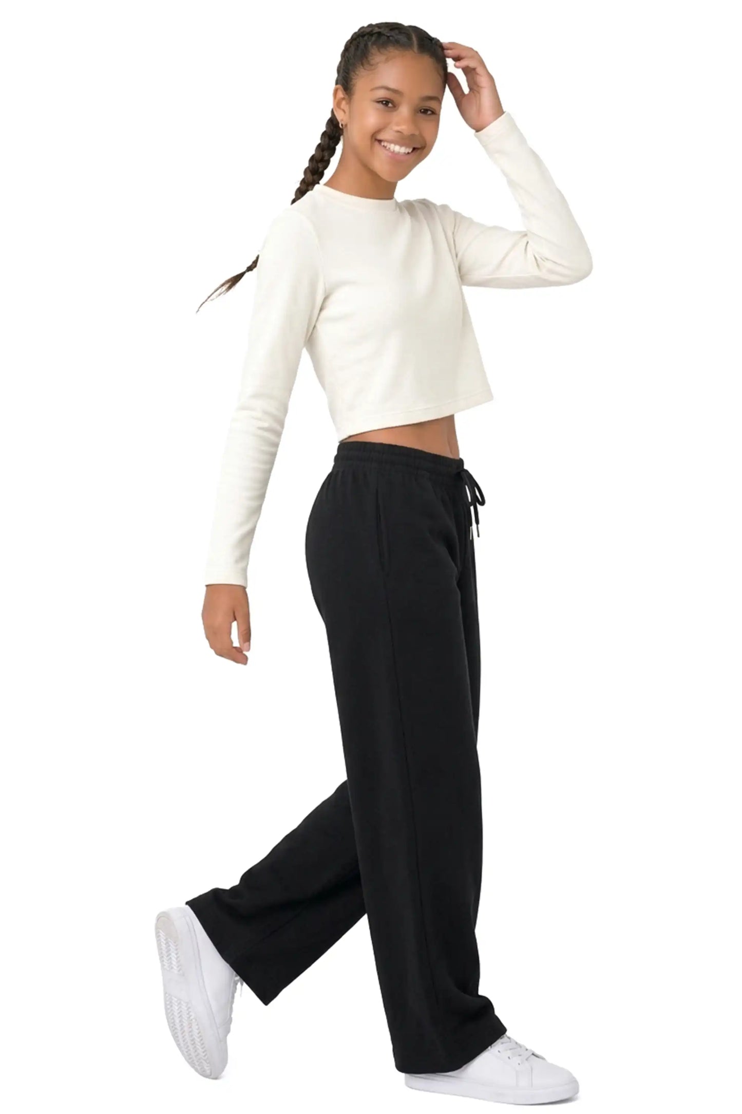 Girls' Long Sleeve Crop Top – Soft Cotton, 4-Way Stretch, Breathable Everyday Tee