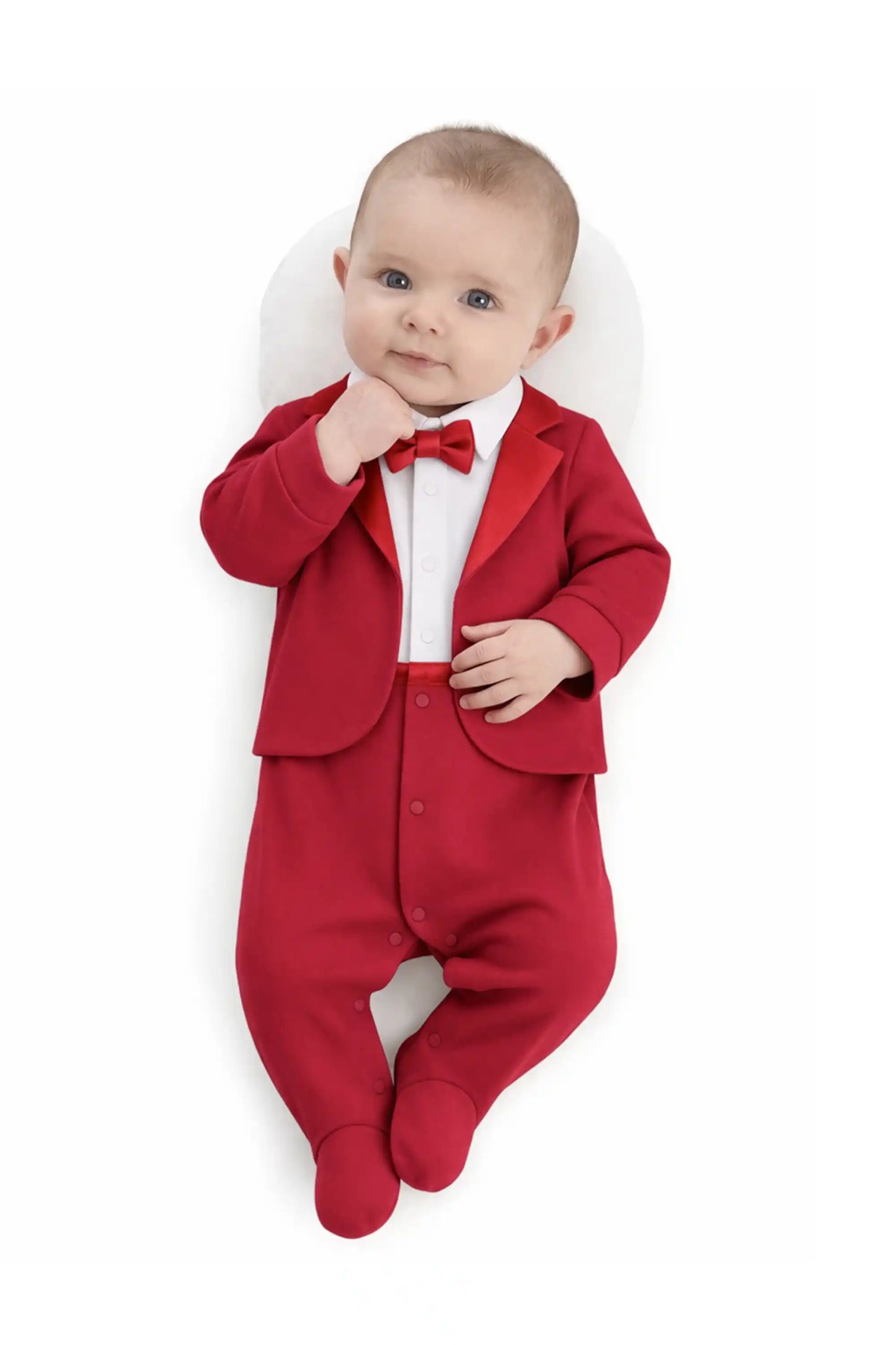 Baby Boy Tuxedo Romper Suit | Bow Tie & Necktie | 100% Cotton Footed Coverall