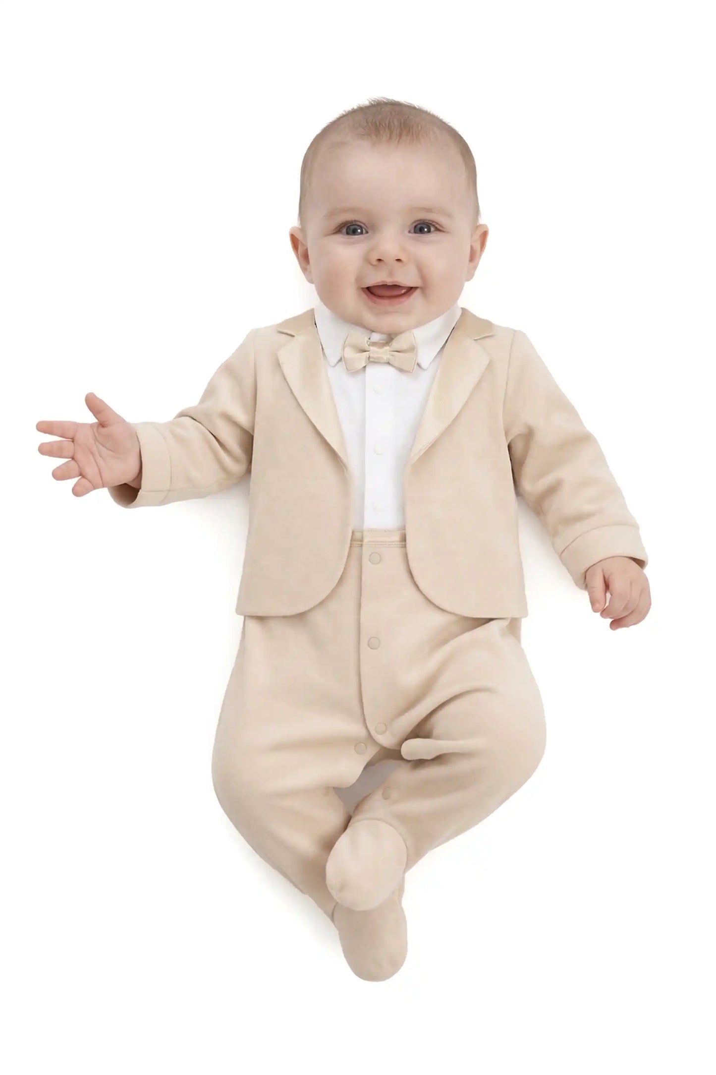 Baby Boy Tuxedo Romper Suit | Bow Tie & Necktie | 100% Cotton Footed Coverall