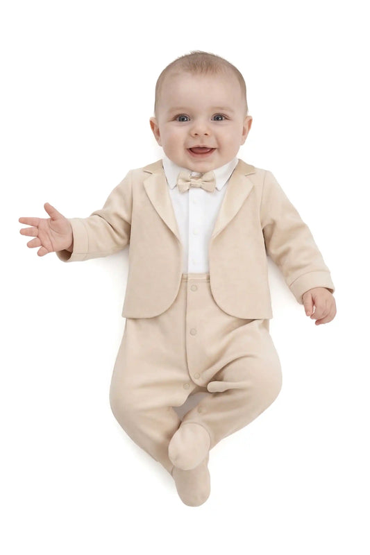 Baby Boy Tuxedo Romper Suit | Bow Tie & Necktie | 100% Cotton Footed Coverall