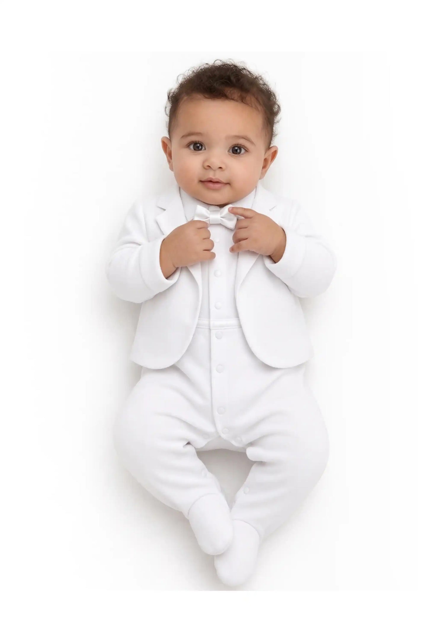 Baby Boy Tuxedo Romper Suit | Bow Tie & Necktie | 100% Cotton Footed Coverall