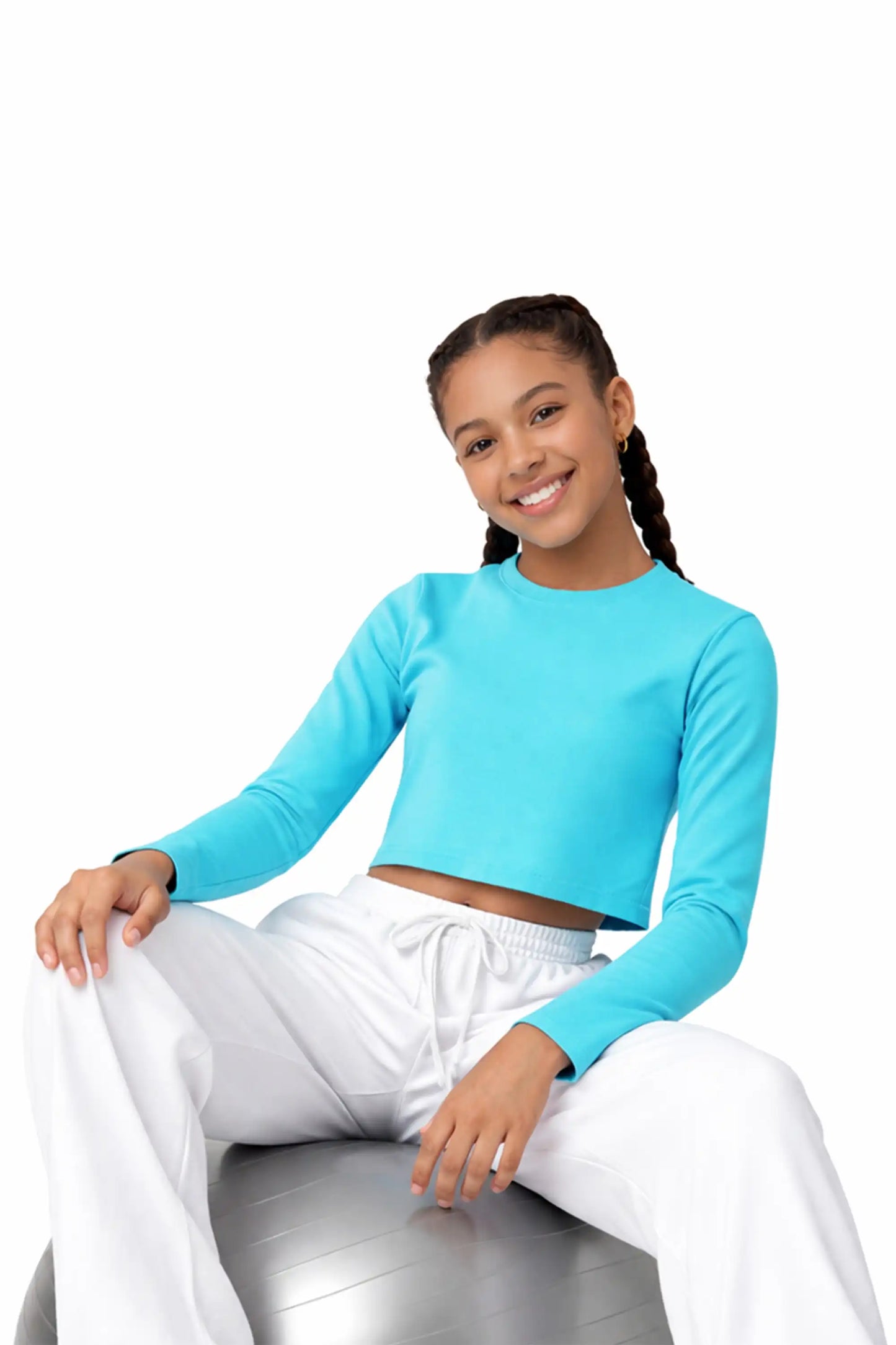 Girls' Long Sleeve Crop Top – Soft Cotton, 4-Way Stretch, Breathable Everyday Tee