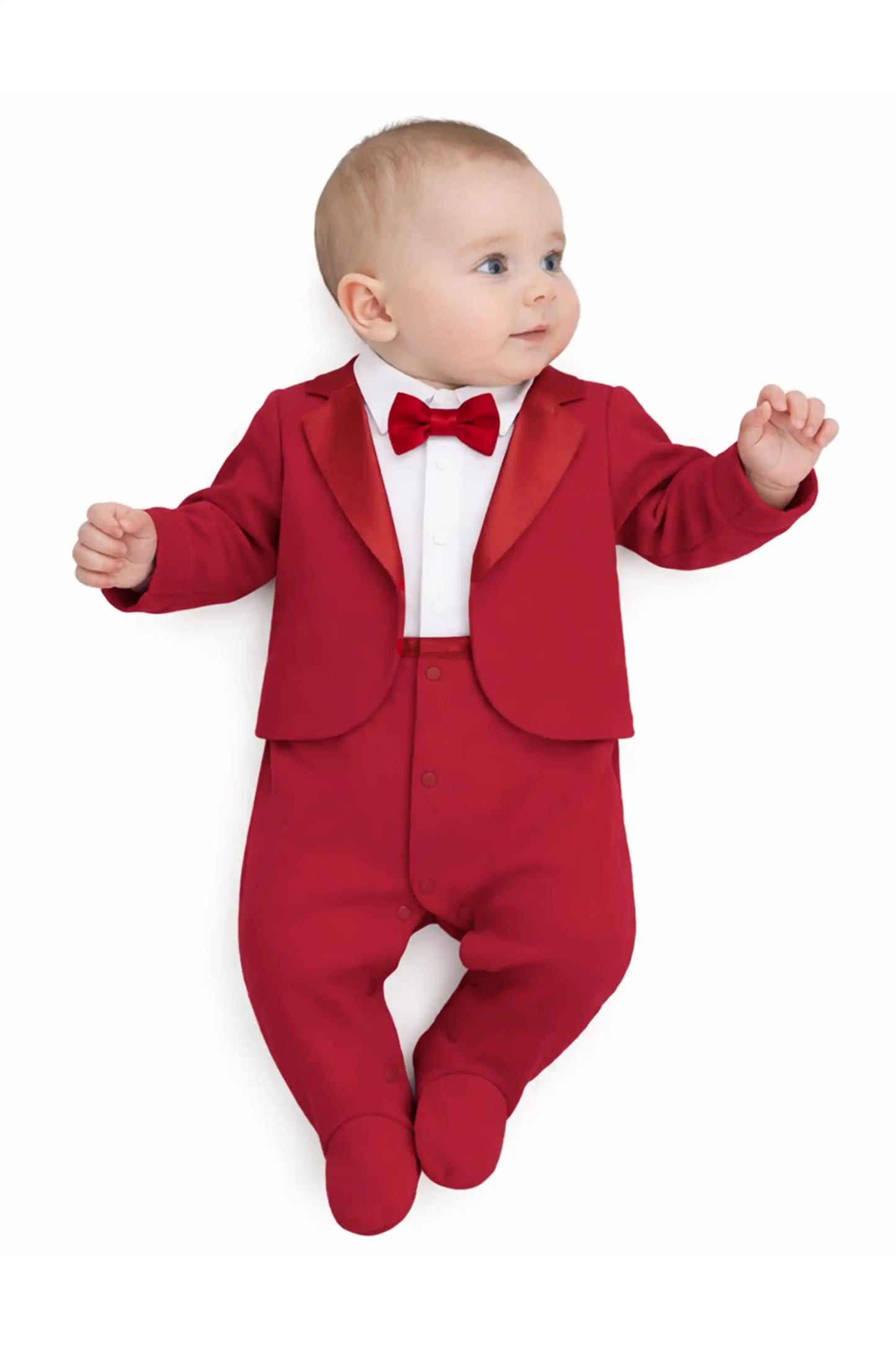 Baby Boy Tuxedo Romper Suit | Bow Tie & Necktie | 100% Cotton Footed Coverall