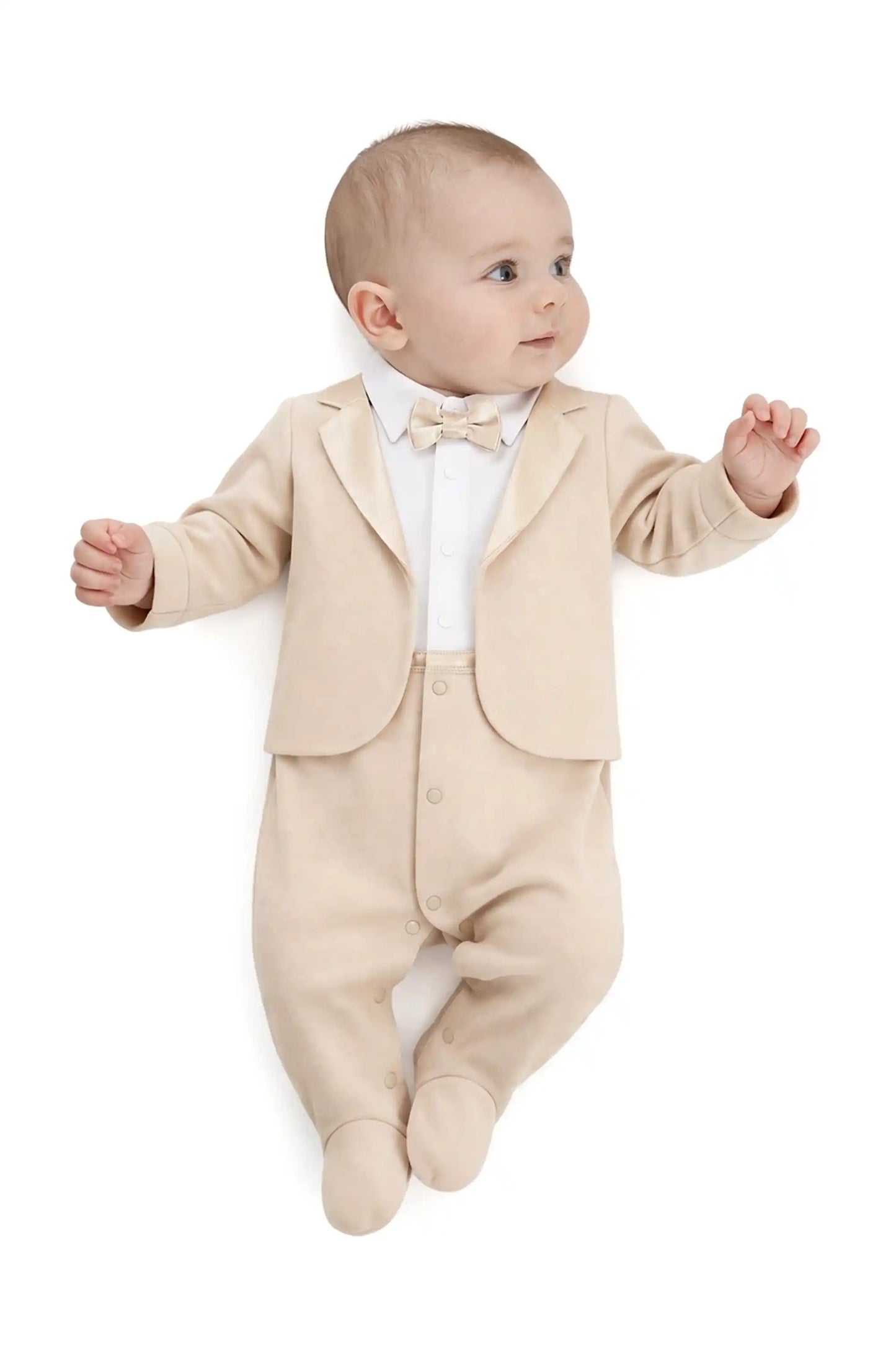 Baby Boy Tuxedo Romper Suit | Bow Tie & Necktie | 100% Cotton Footed Coverall