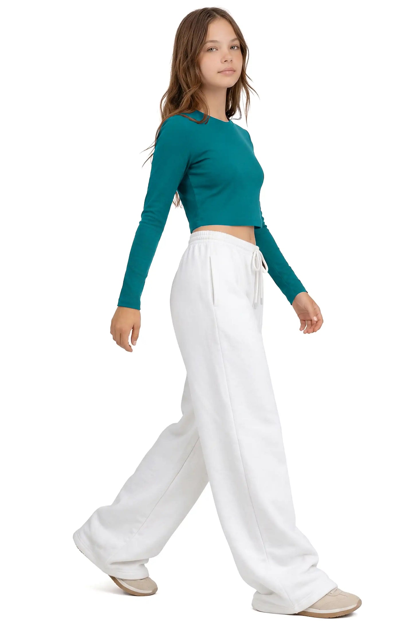 Girls' Long Sleeve Crop Top – Soft Cotton, 4-Way Stretch, Breathable Everyday Tee