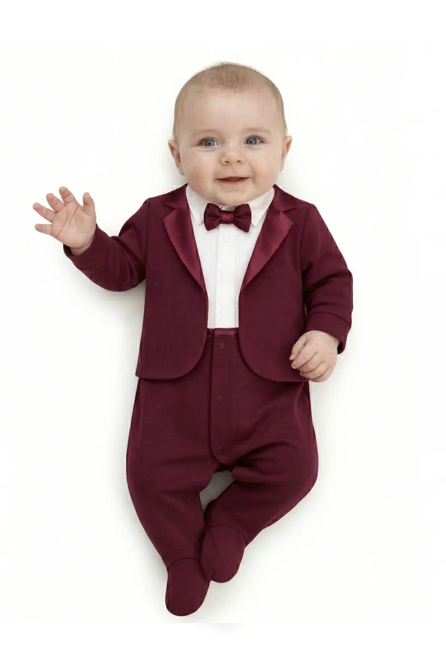 Baby Boy Tuxedo Romper Suit | Bow Tie & Necktie | 100% Cotton Footed Coverall