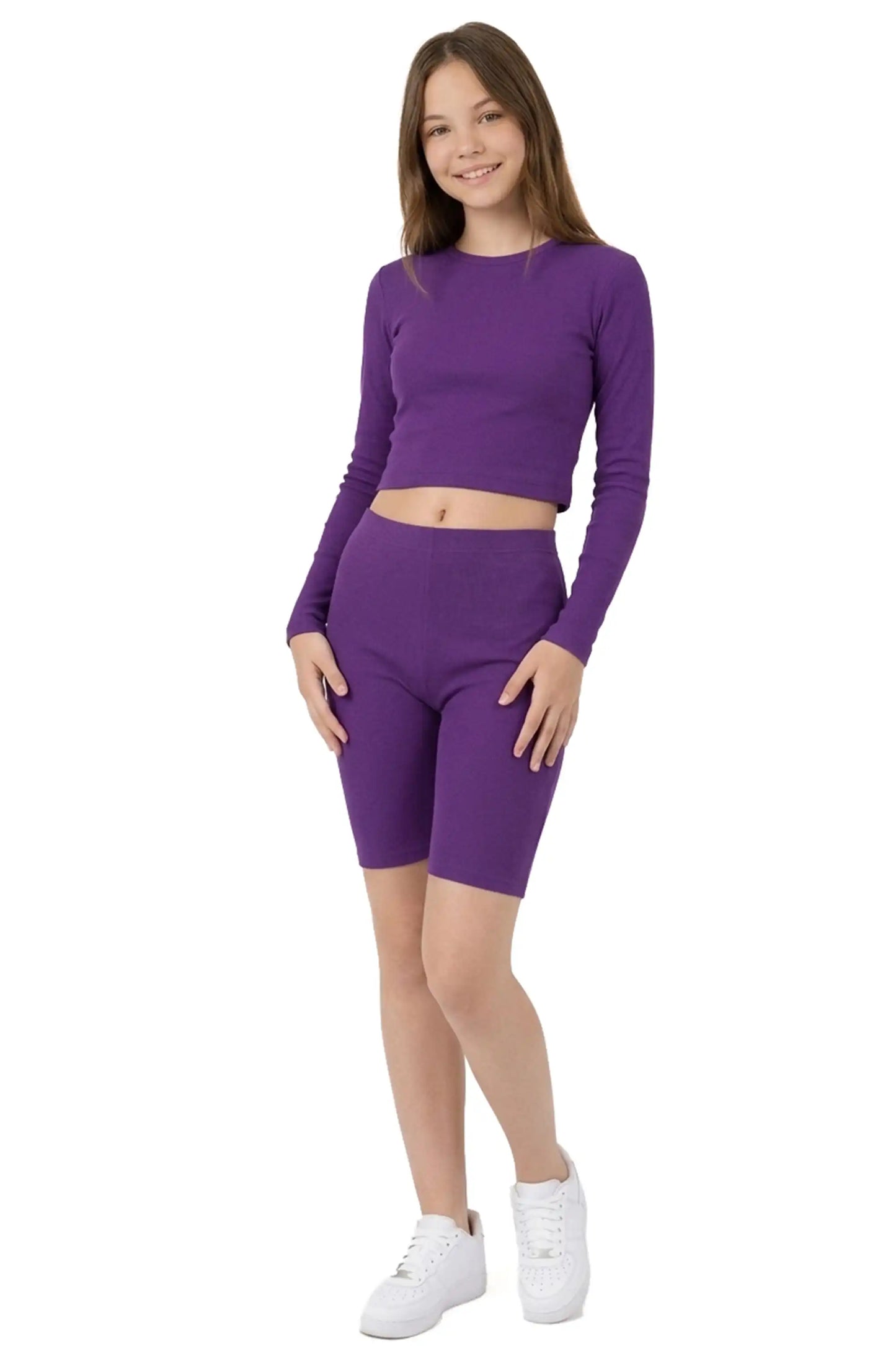 Girls' Long Sleeve Crop Top – Soft Cotton, 4-Way Stretch, Breathable Everyday Tee