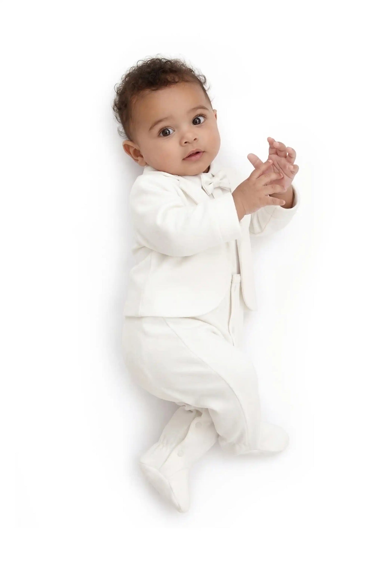 Baby Boy Tuxedo Romper Suit | Bow Tie & Necktie | 100% Cotton Footed Coverall