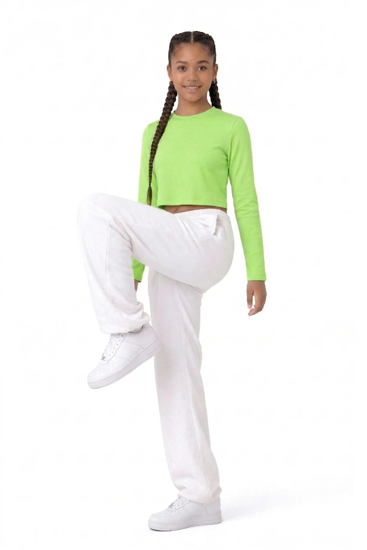 Girls' Long Sleeve Crop Top – Soft Cotton, 4-Way Stretch, Breathable Everyday Tee