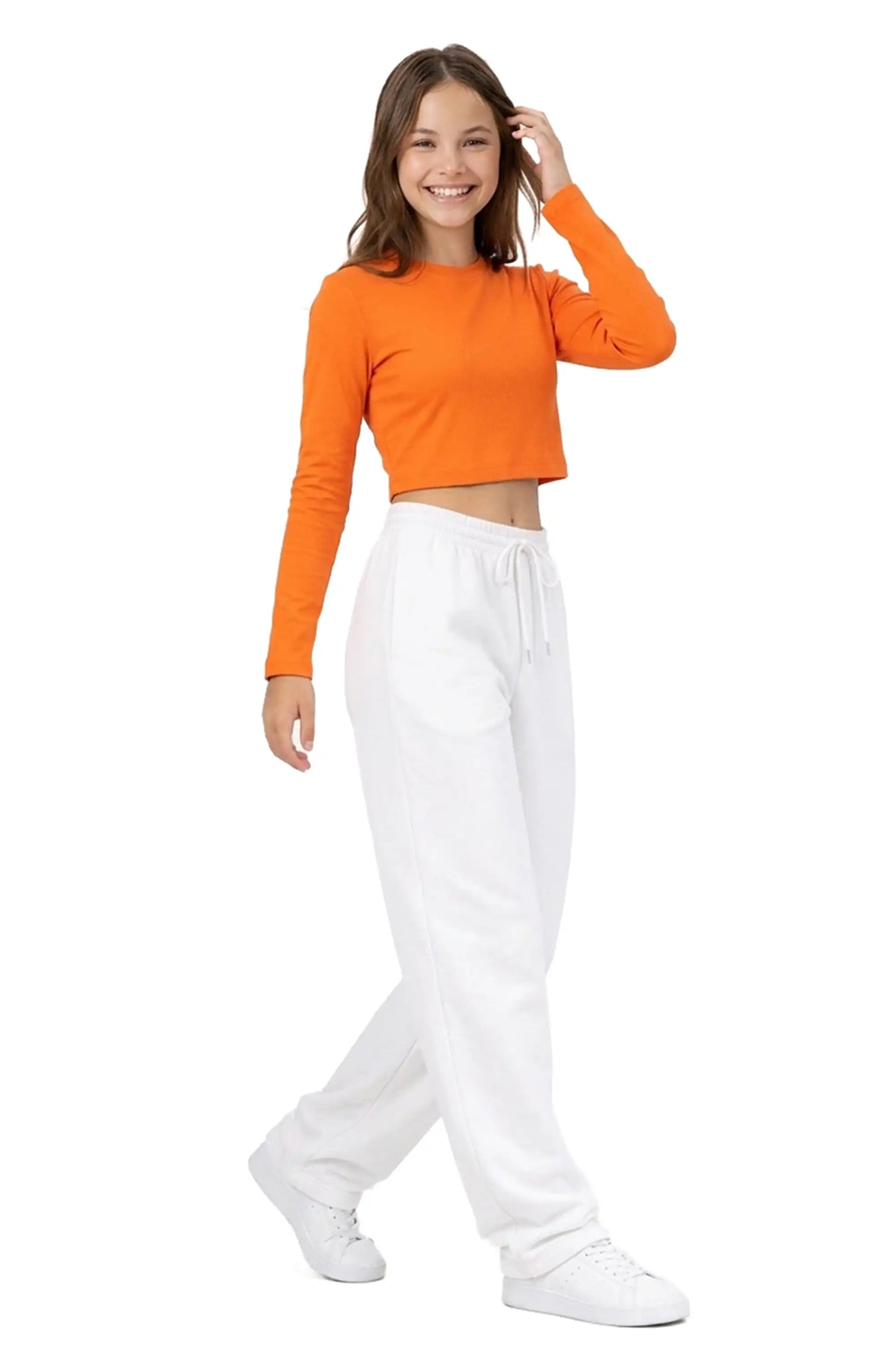 Girls' Long Sleeve Crop Top – Soft Cotton, 4-Way Stretch, Breathable Everyday Tee