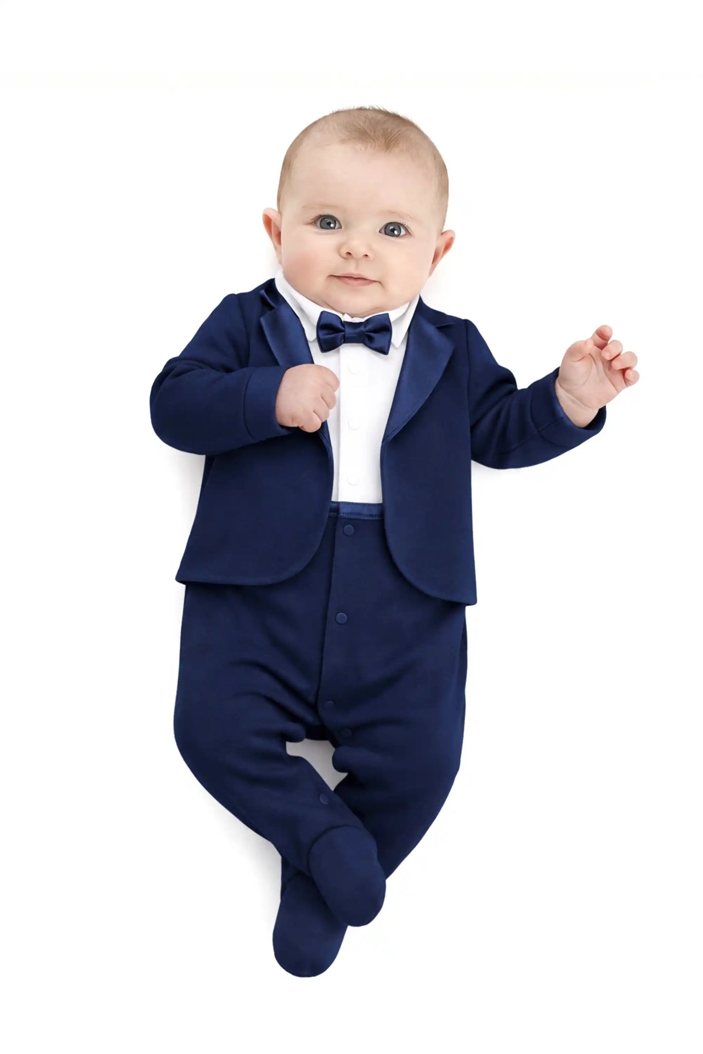 Baby Boy Tuxedo Romper Suit | Bow Tie & Necktie | 100% Cotton Footed Coverall