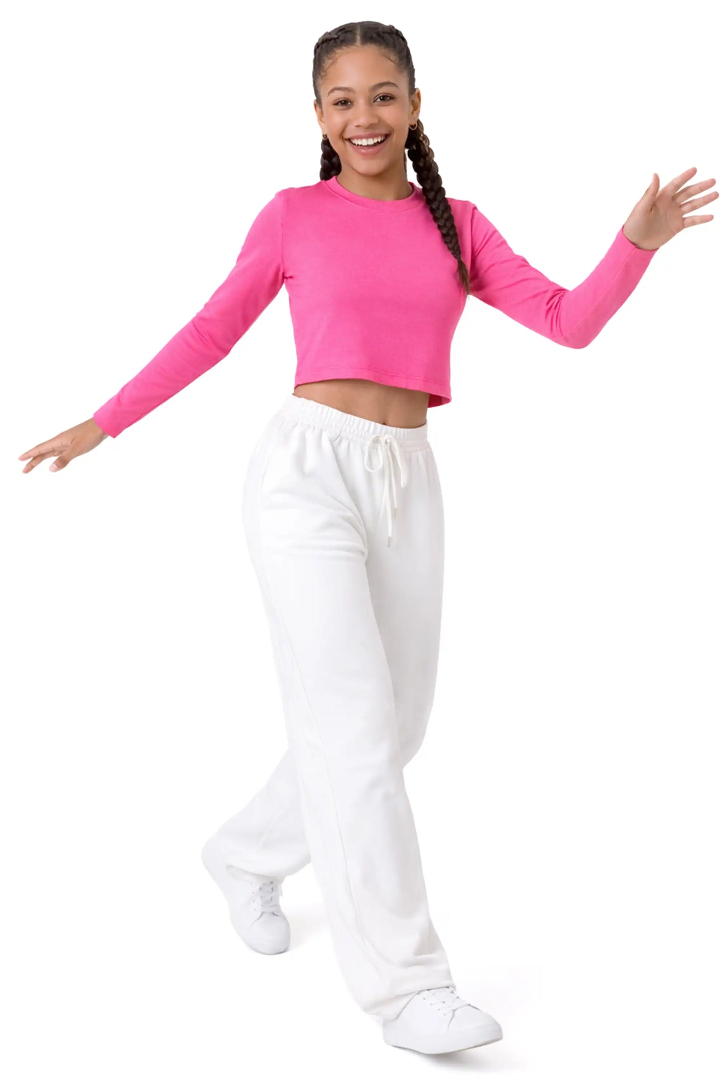 Girls' Long Sleeve Crop Top – Soft Cotton, 4-Way Stretch, Breathable Everyday Tee