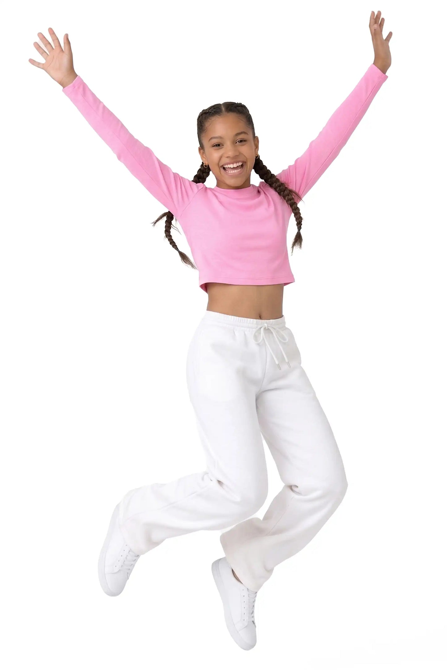 Girls' Long Sleeve Crop Top – Soft Cotton, 4-Way Stretch, Breathable Everyday Tee