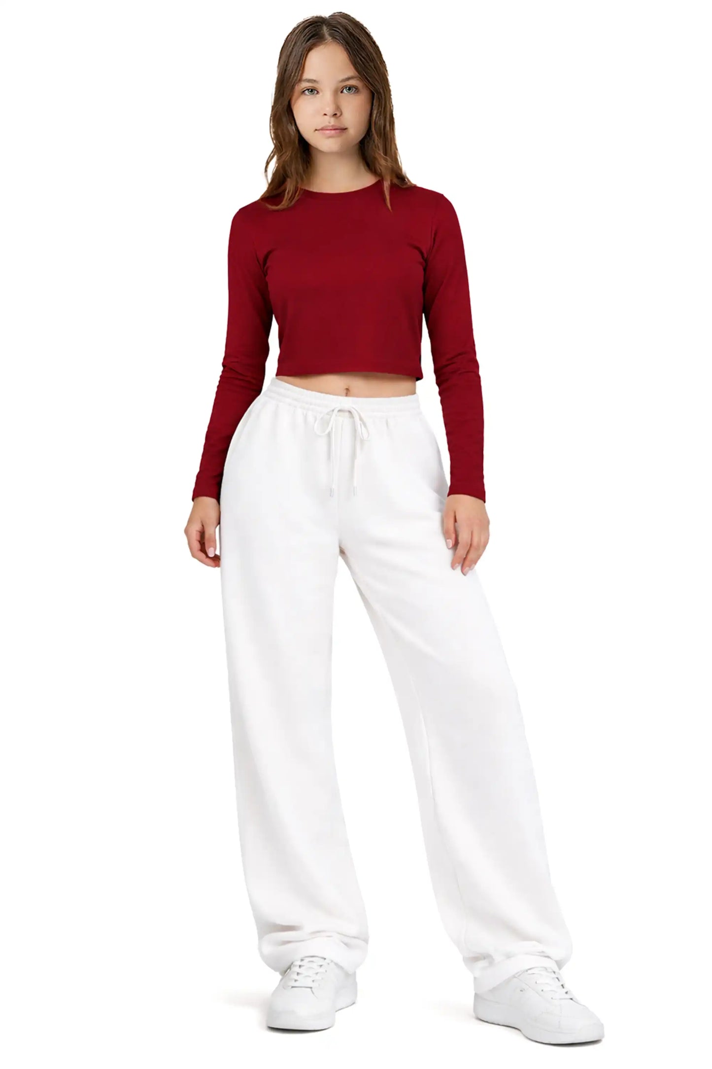 Girls' Long Sleeve Crop Top – Soft Cotton, 4-Way Stretch, Breathable Everyday Tee