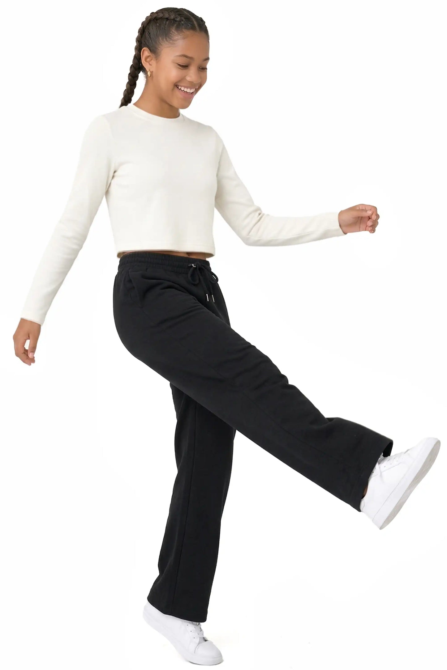 Girls' Long Sleeve Crop Top – Soft Cotton, 4-Way Stretch, Breathable Everyday Tee