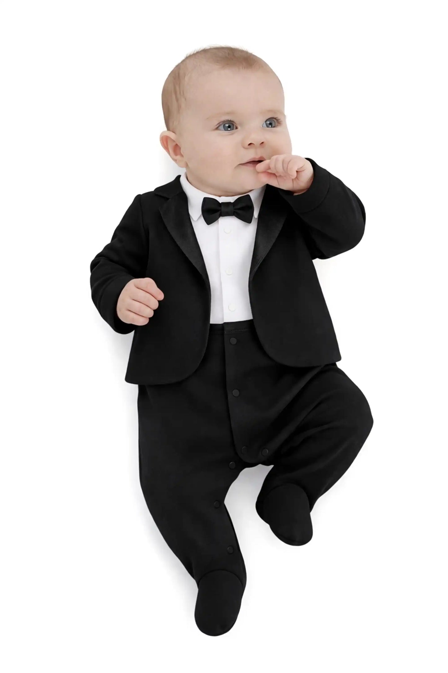 Baby Boy Tuxedo Romper Suit | Bow Tie & Necktie | 100% Cotton Footed Coverall