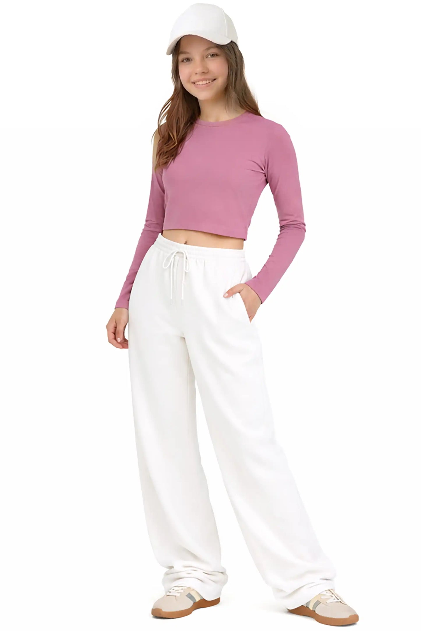 Girls' Long Sleeve Crop Top – Soft Cotton, 4-Way Stretch, Breathable Everyday Tee