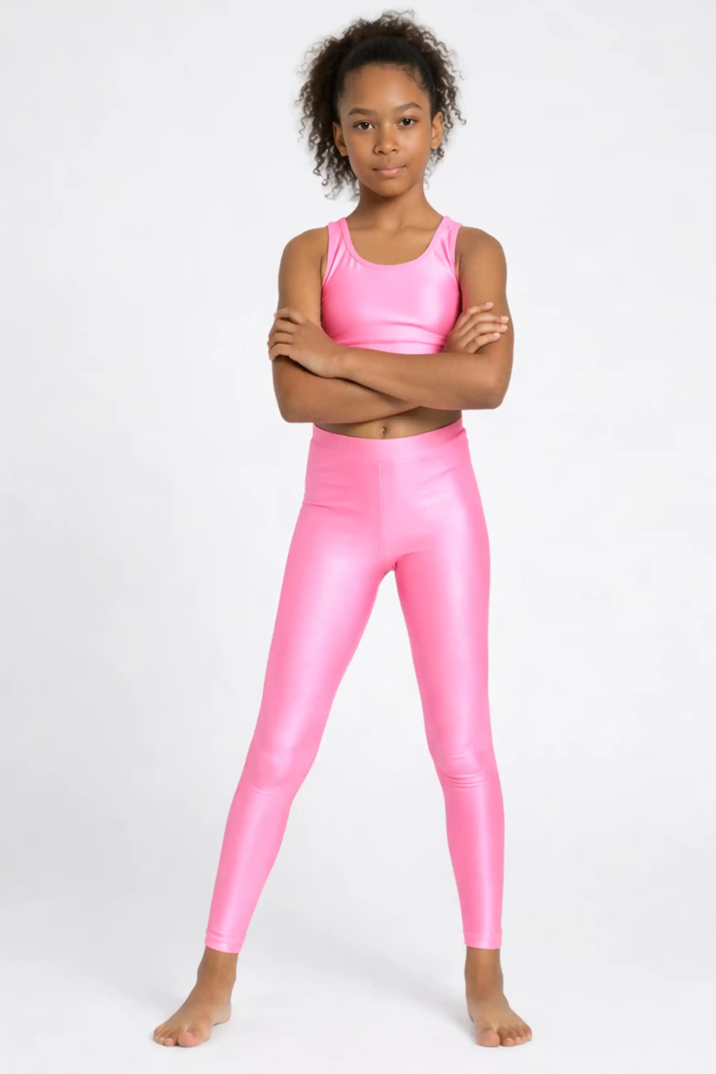 Girls Shiny High Waisted Leggings – Dance & Gymnastics Stretch Tights