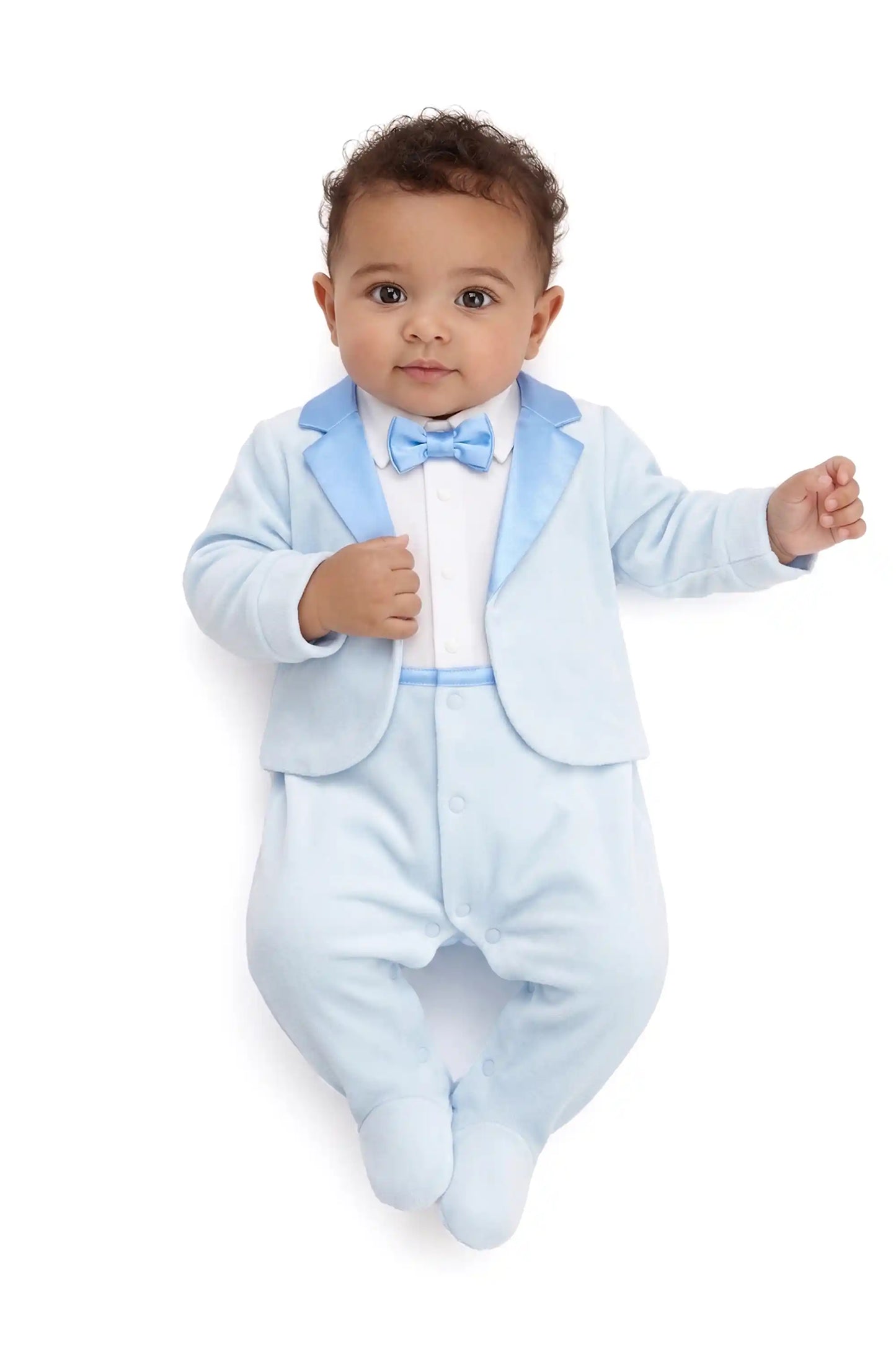 Baby Boy Tuxedo Romper Suit | Bow Tie & Necktie | 100% Cotton Footed Coverall