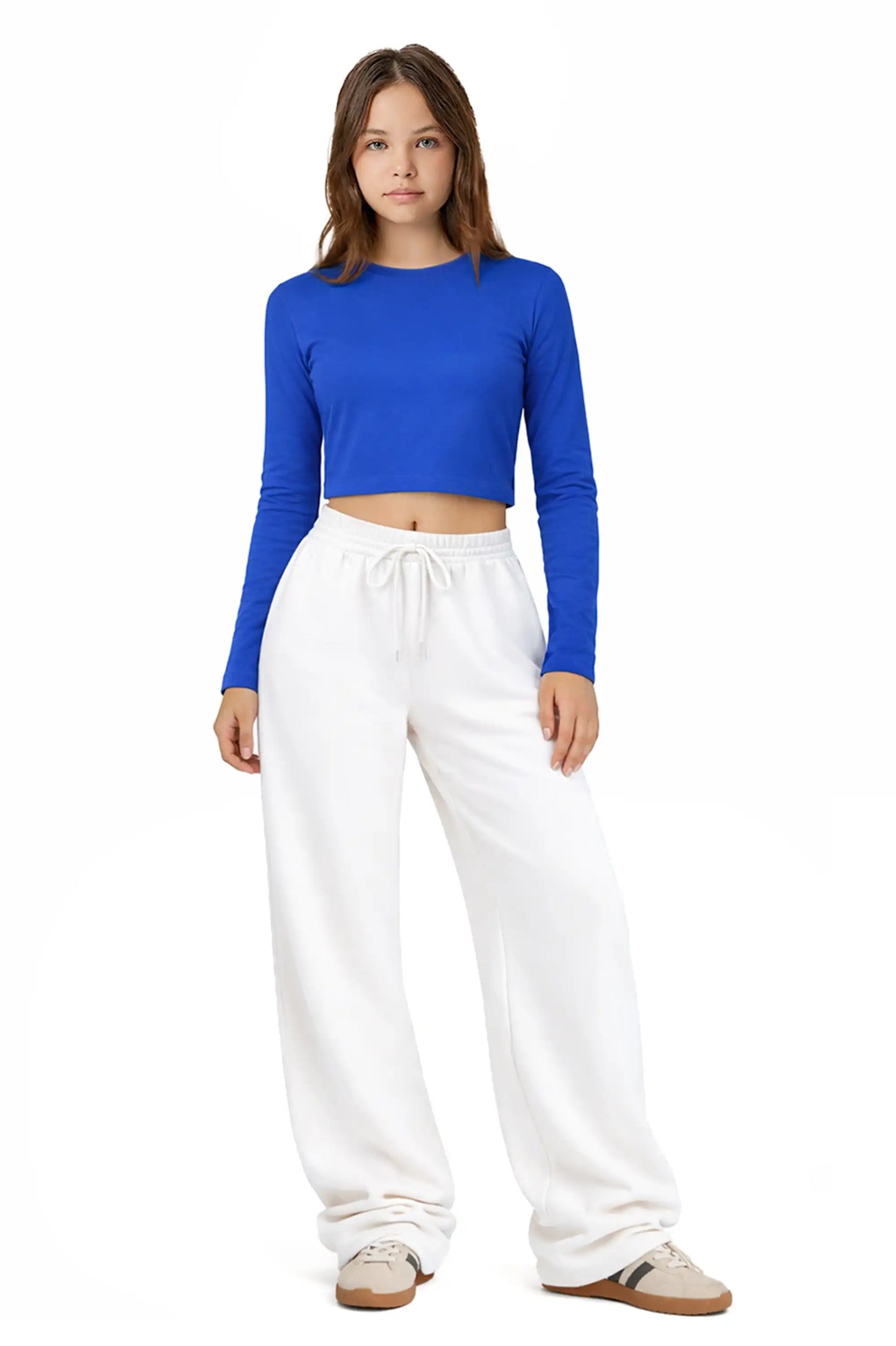 Girls' Long Sleeve Crop Top – Soft Cotton, 4-Way Stretch, Breathable Everyday Tee
