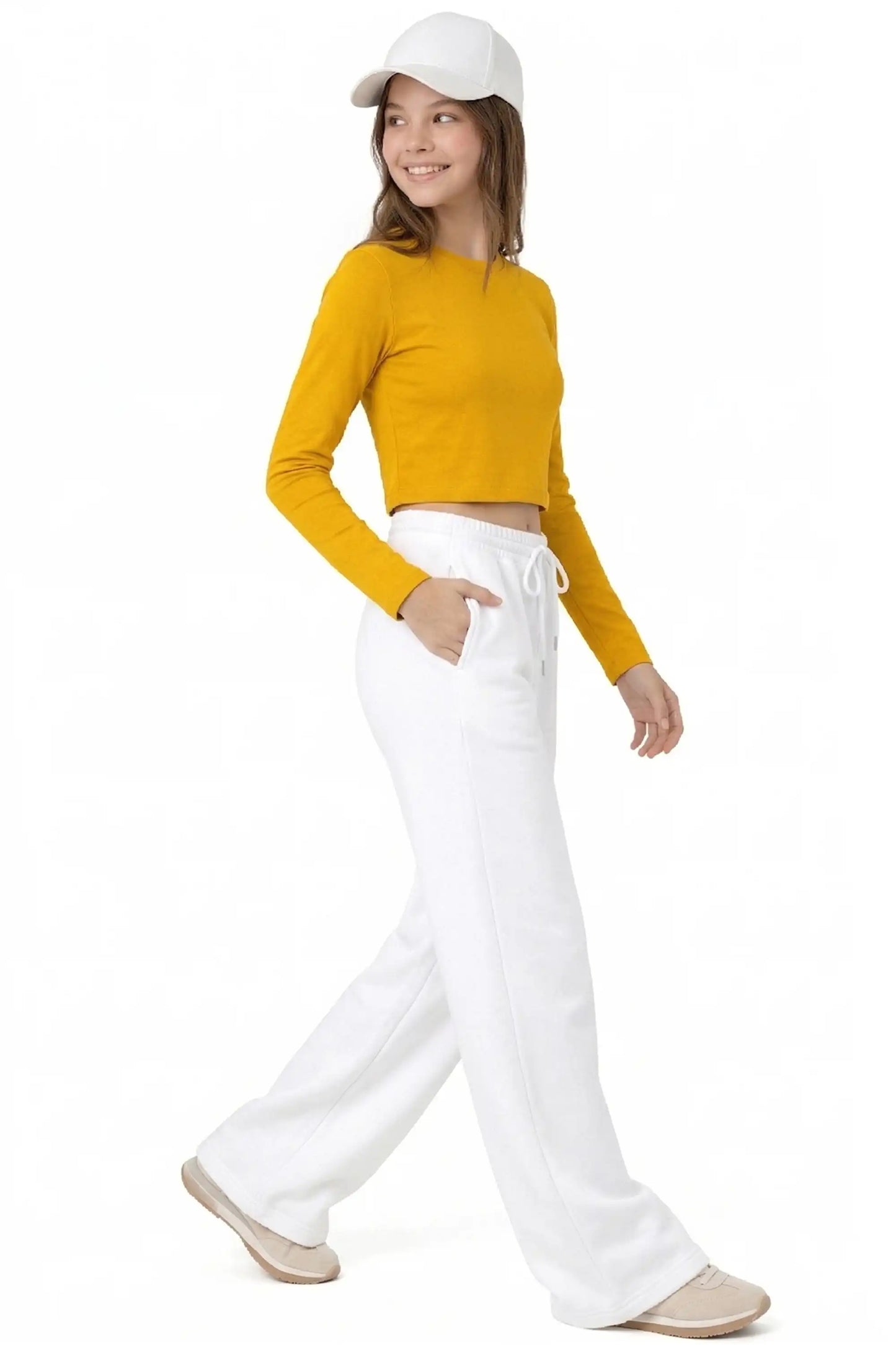 Girls' Long Sleeve Crop Top – Soft Cotton, 4-Way Stretch, Breathable Everyday Tee